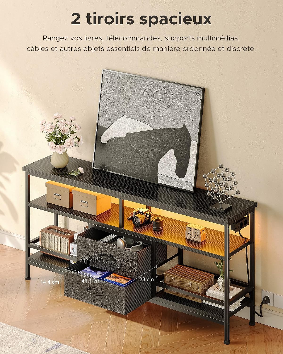 Thumbnail 6 de CO-Z Meuble TV 140 cm — Éclairage LED, hub USB et étagères ouvertes