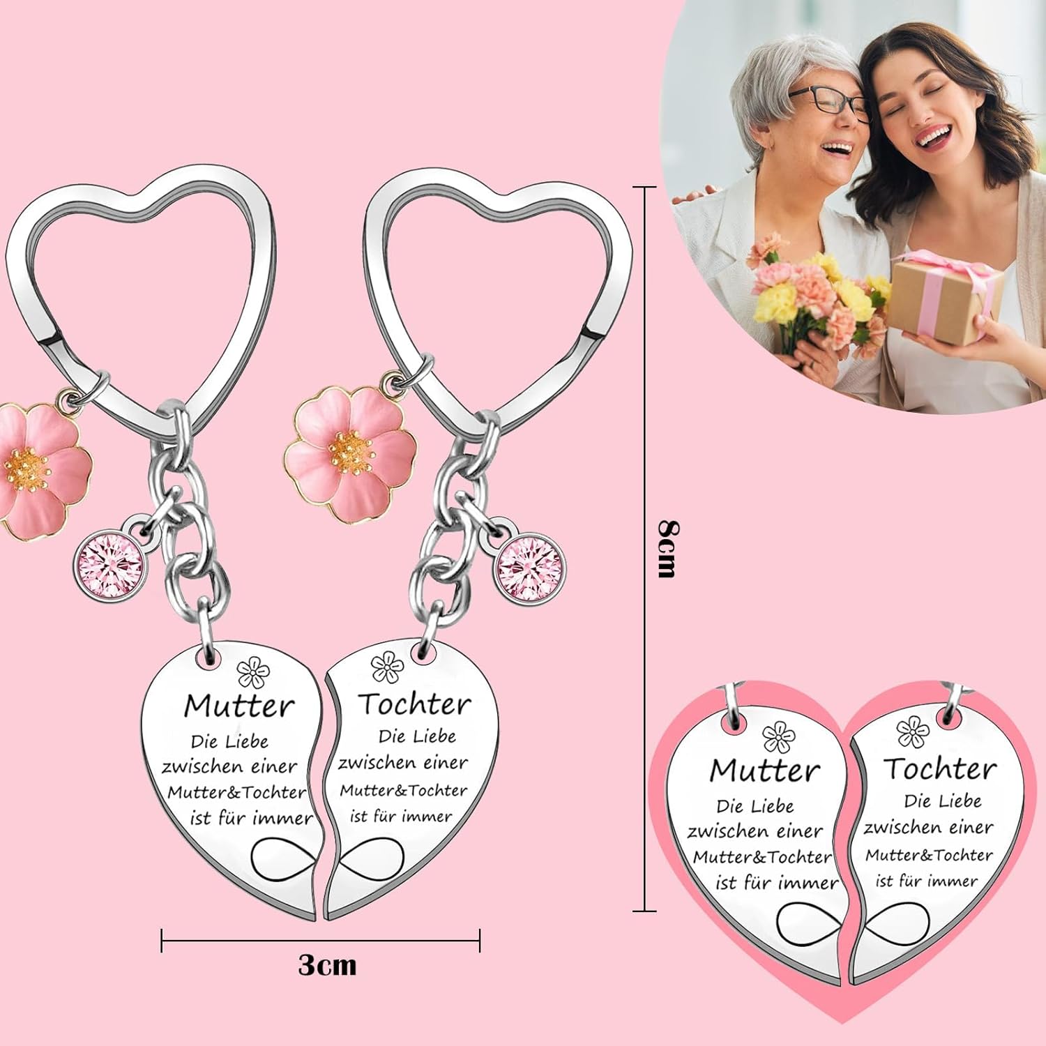 Thumbnail 1 de Johiux Mutter-Tochter Herz-Schlüsselanhänger 2er-Set – Edelstahl, Gravur: Die Liebe zwischen Einer Mutter & Tochter Ist für immer