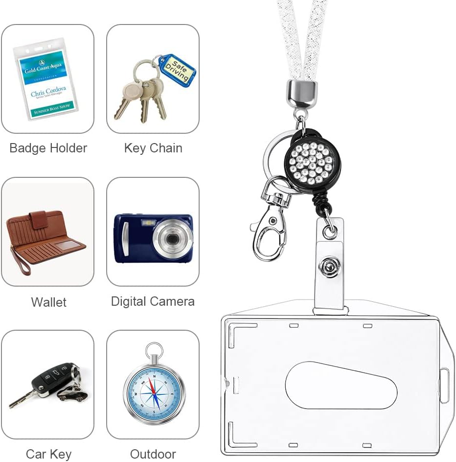 Detalle de Vicloon Lanyard mit Kartenhalter – Kristall-Design, Ausweis-Halter und Schlüsselanhänger, Reines Weiß