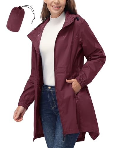 Detalle de 33,000ft Women's Rain Jacket Lightweight Hooded Long Rain Coat - Waterproof & Breathable Packable Windbreaker (Wine Red, 3XL/20-22)