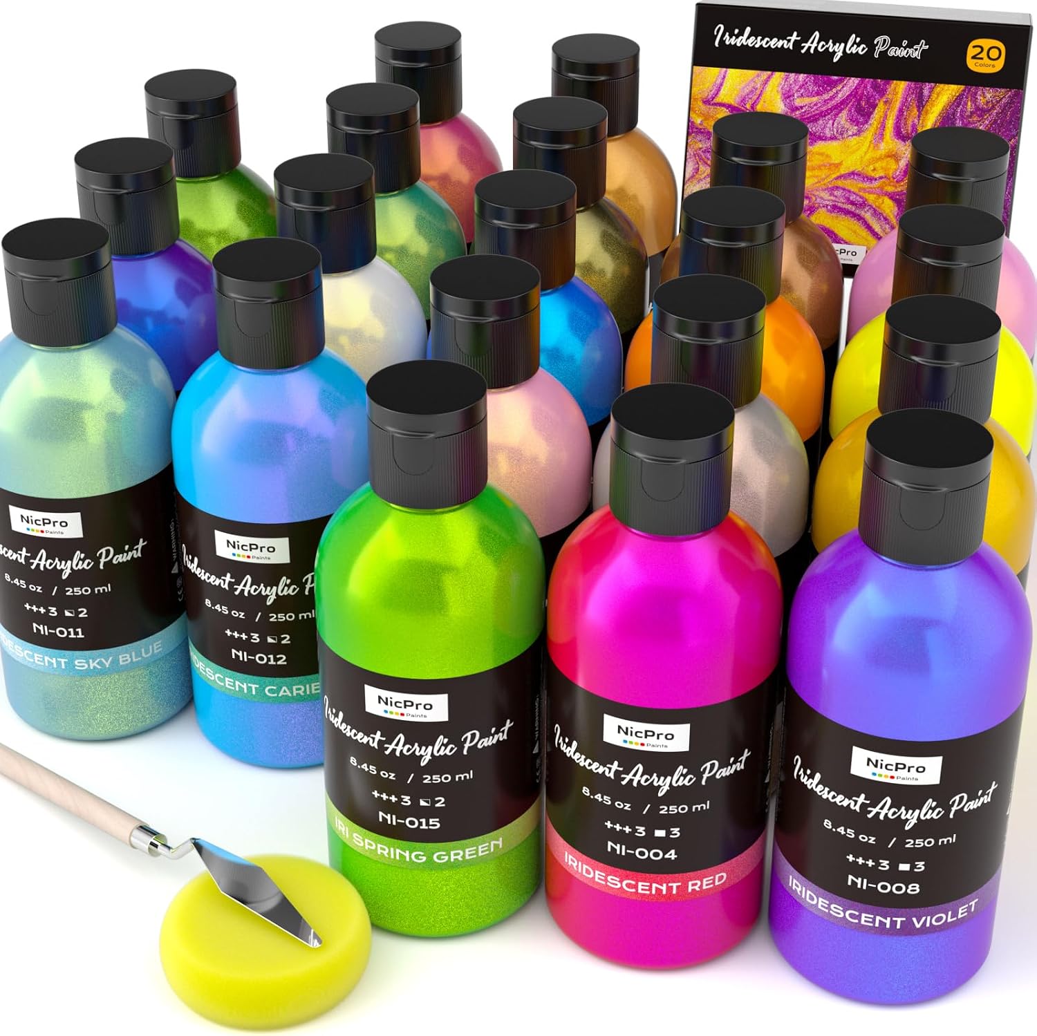 Detalle de Nicpro 20 Farben irisierend Acrylfarbe – 20 × 250 ml Bulk-Set mit Farbwechsel, ungiftig und vielseitig einsetzbar