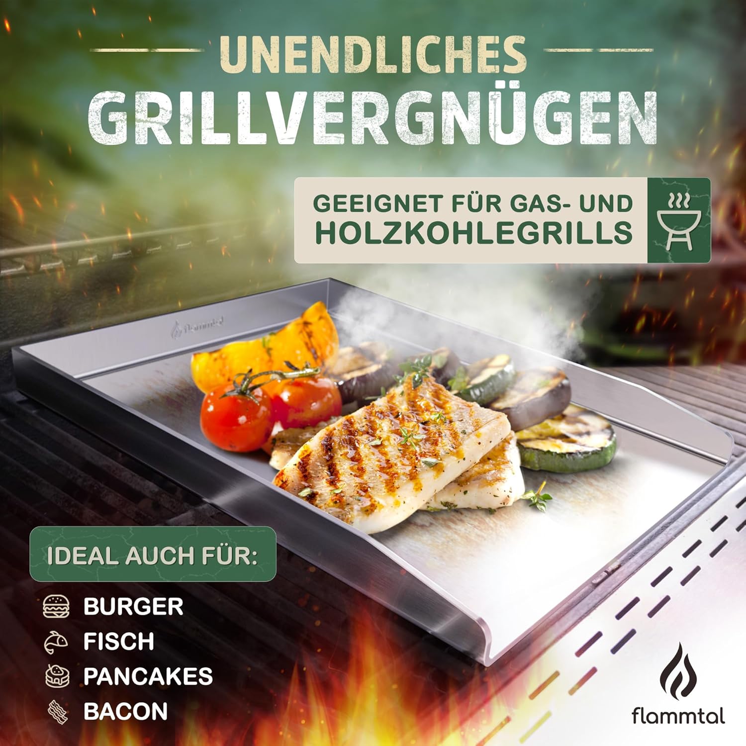 Thumbnail 5 de flammtal Grillplatte aus 4 mm rostfreiem Edelstahl (40 x 30 cm) inkl. Grillspachtel-Set & Burgerpapier