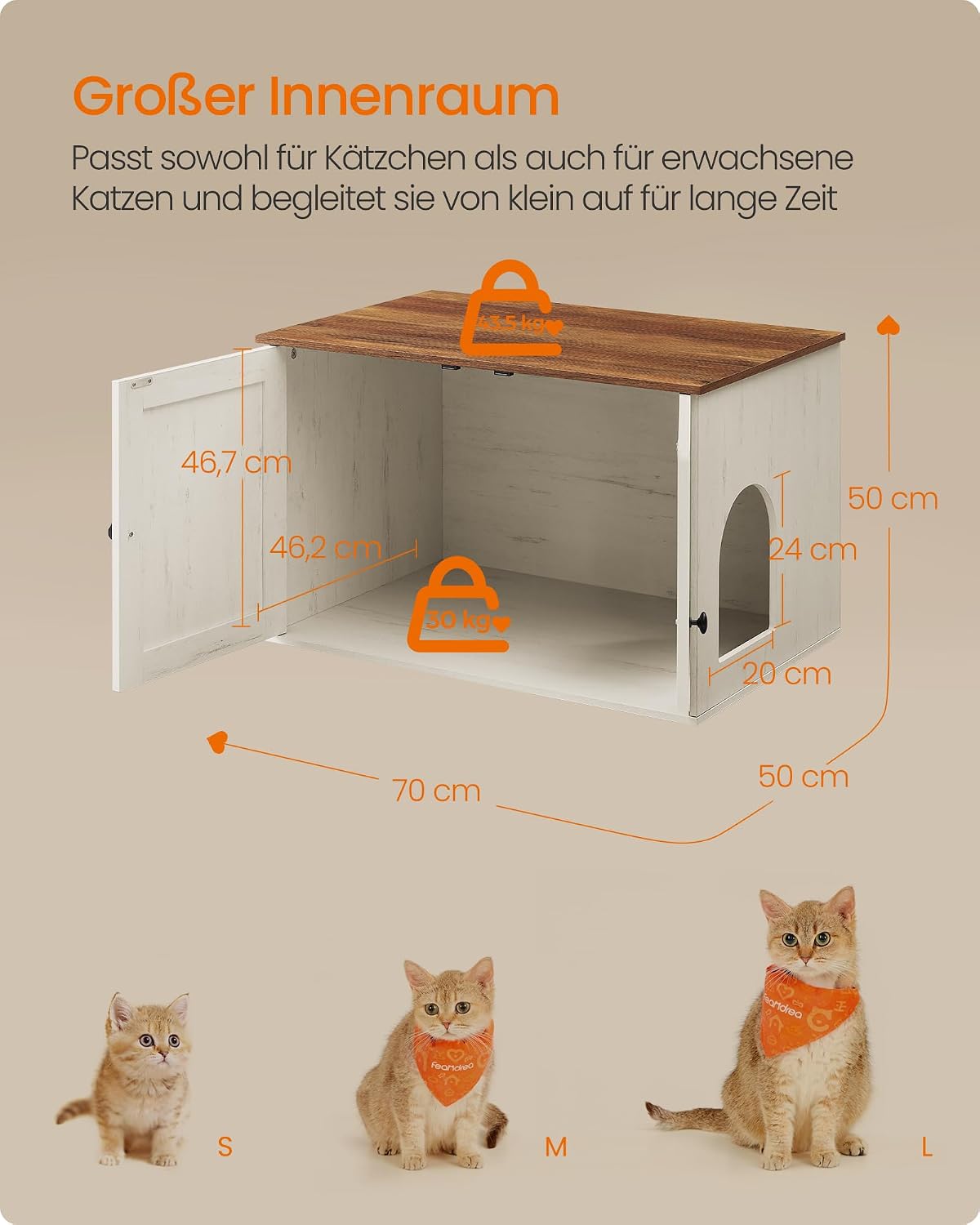 Detalle de Feandrea Katzenhaus: Katzenklo-Schrank, Tisch 70 x 50 x 50 cm in Honigbraun-Vintageweiß