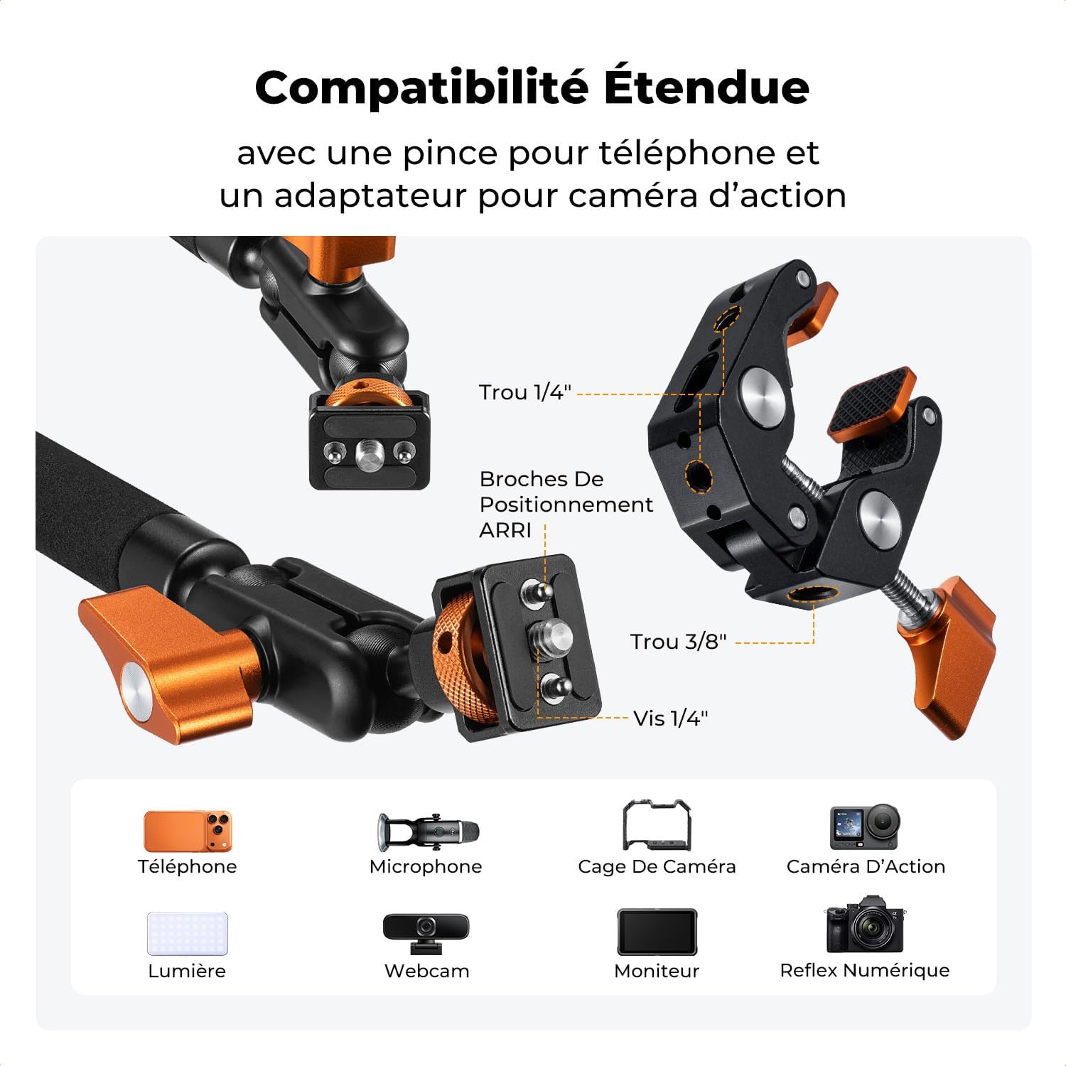 Detalle de K&F CONCEPT Kit Bras Magique 22" avec Pince — bras articulé polyvalent pour téléphone, caméra d'action, LED et micro