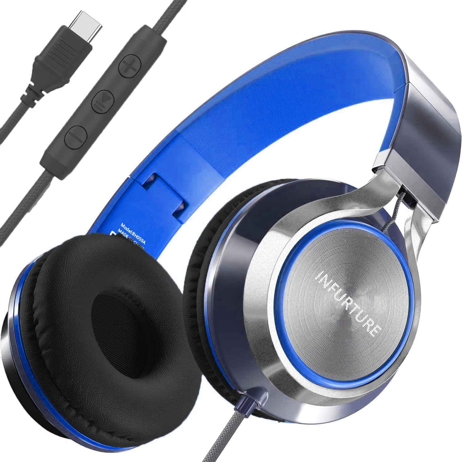 Detalle de INFURTURE USB-C wired headphones with microphone, volume control and foldable design (Blue-Black)
