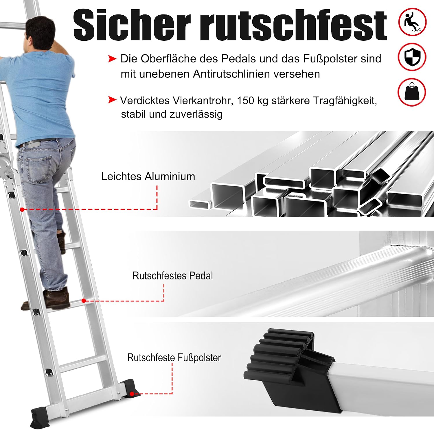 Detalle de LZQ MD-R107 4 x 4 Multi-Purpose Ladder, 470 cm, Aluminium, 6-in-1