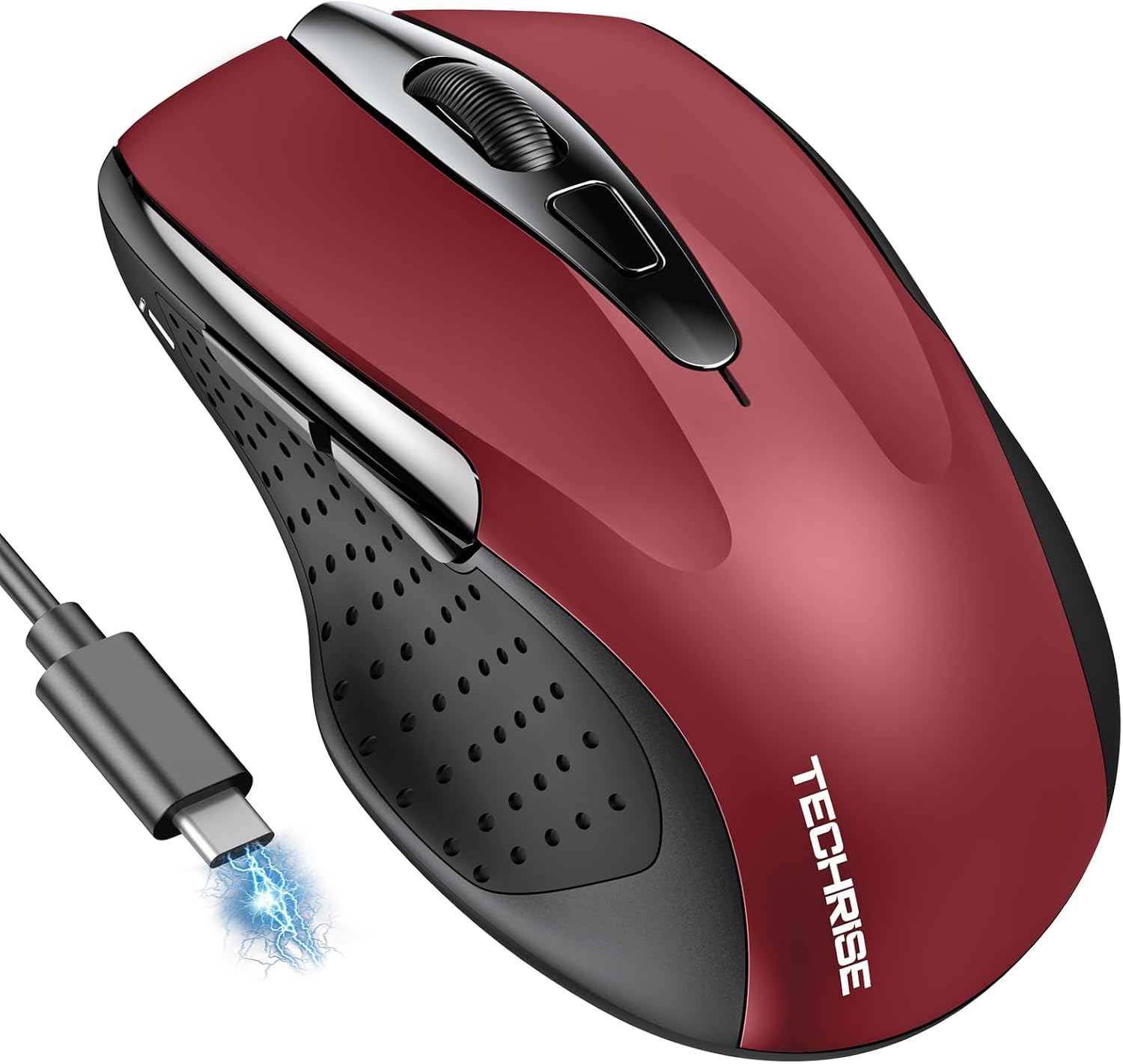 Detalle de TechRise Bluetooth Maus & 2,4G Funkmaus mit USB-A Empfänger (BT 5.0/3.0), 4800 DPI, wiederaufladbar, leise – 6 DPI-Stufen, rot