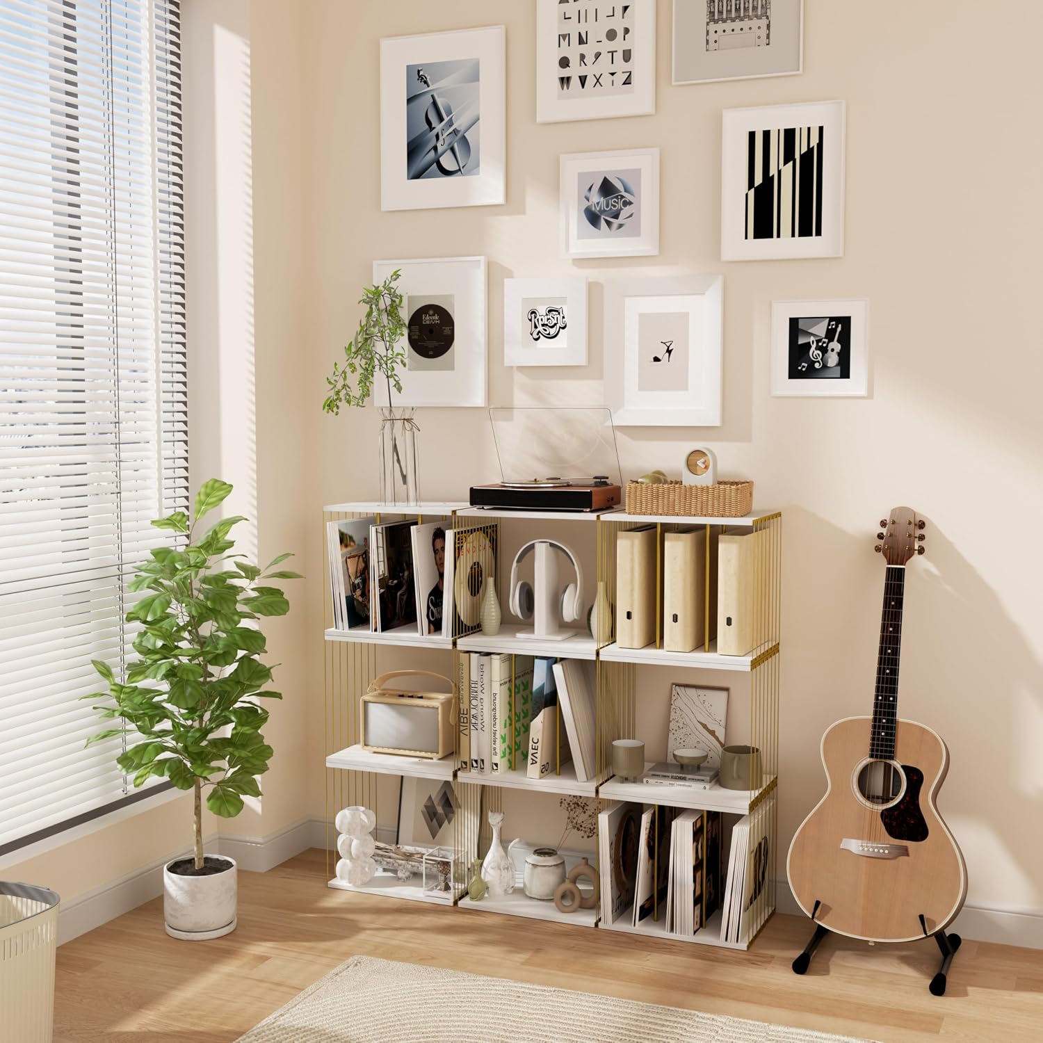 Detalle de Emfogoo Vinyl Record Storage cube stand (metal & industrial wood) for up to 80 LPs, white