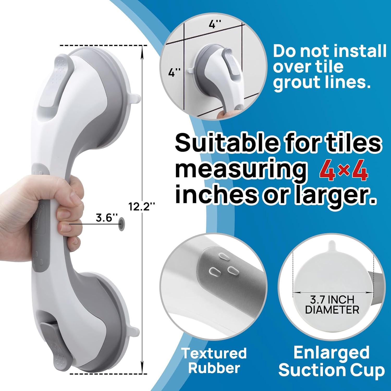 Detalle de LEVERLOC Grab Bars for Bathtubs and Showers (2-Pack) Suction Safety Handles, 12 Inch