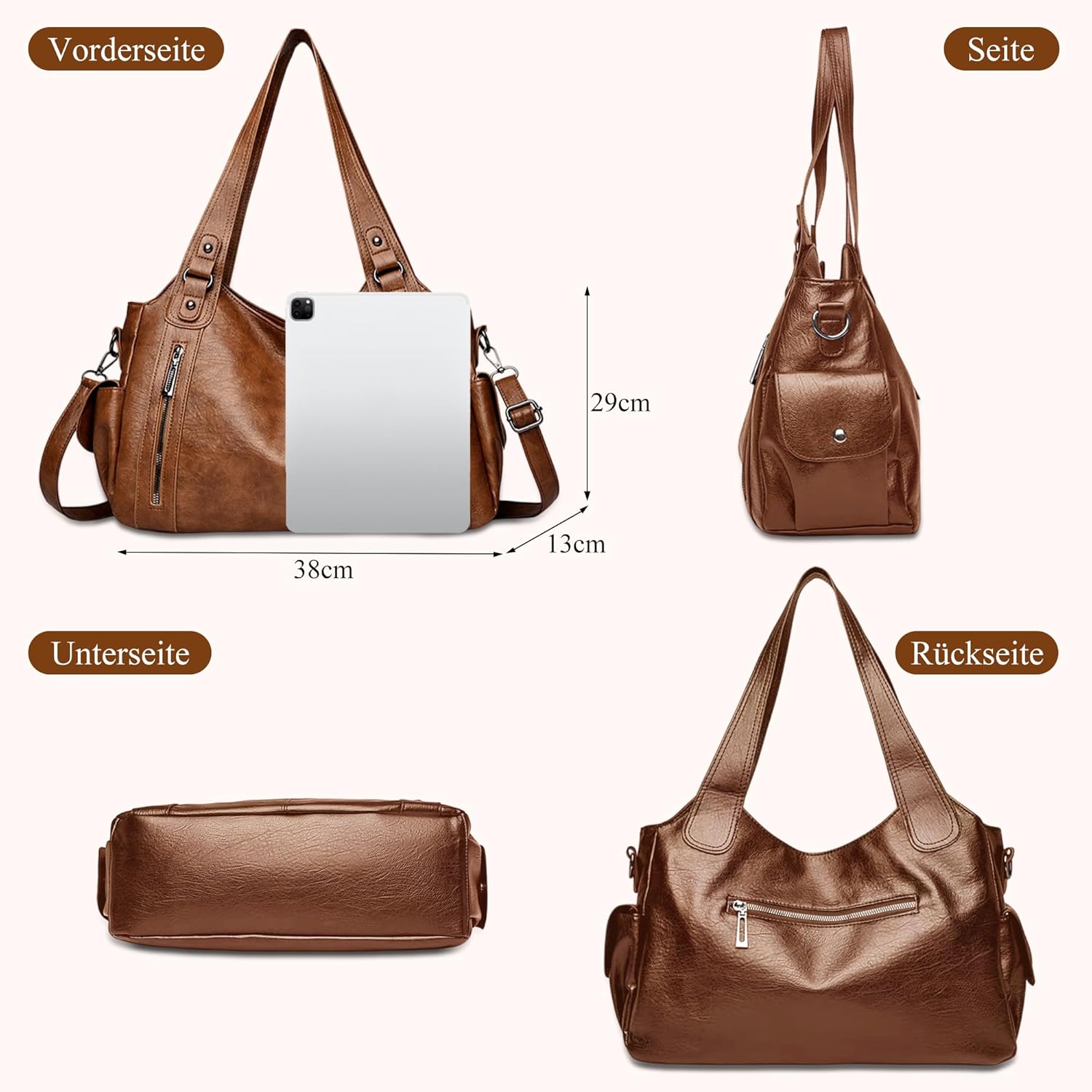 Detalle de VOESLD Damen Handtasche PU Leder Große Shopper – Vielseitige Hobo-/City-Tasche