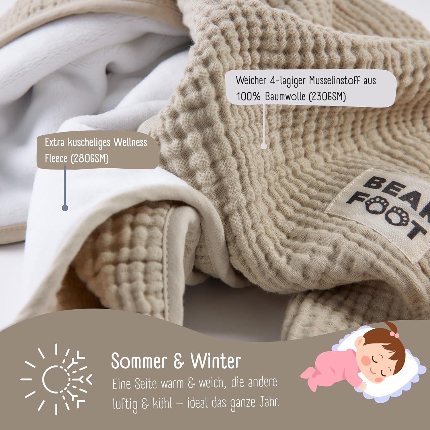 Thumbnail 2 de BEARFOOT Babydecke Musselin Fleecedecke – Flauschige 2‑seitige Decke (Summer Sand)