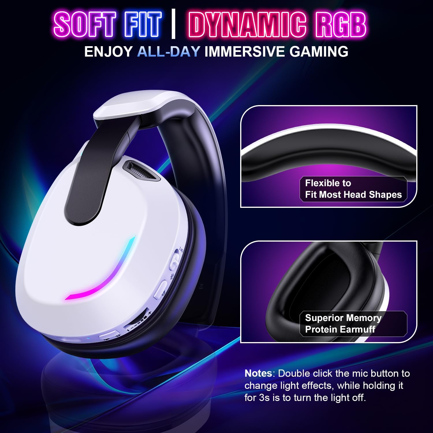 Thumbnail 6 de BENGOO Wireless Gaming Headset for PS5/PS4/PC/Switch: RGB, 60H Battery, 7.1 Surround, and Noise-Canceling Mic