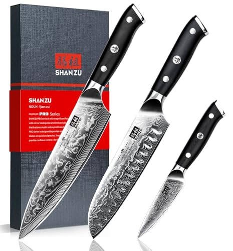 Detalle de SHAN ZU PRO Series Cuchillos Damasco 3 piezas 🔪