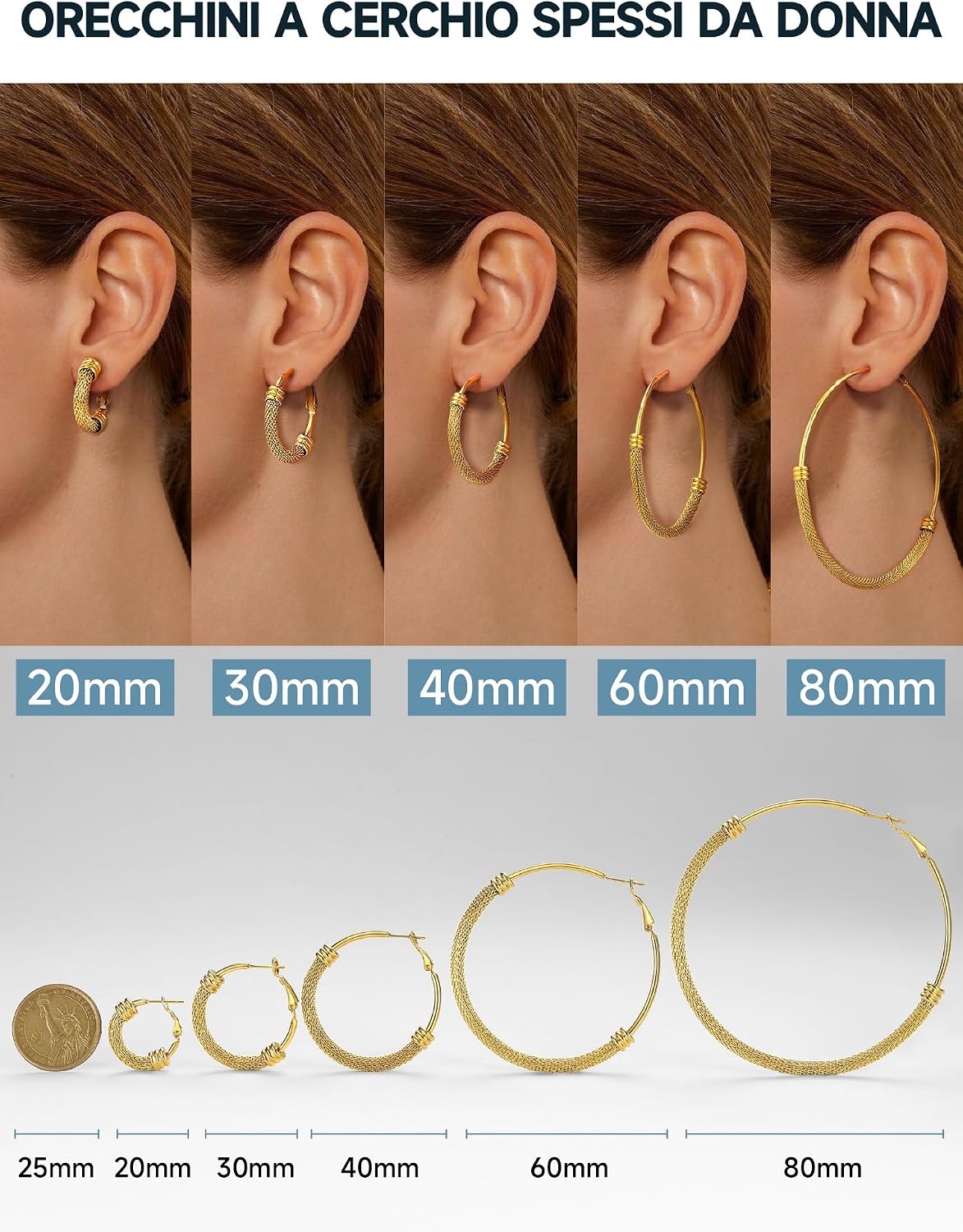 Detalle 2 de PROSTEEL Orecchini a cerchio in maglia metallica, acciaio ipoallergenico (30 mm, 4 mm), argento nero oro