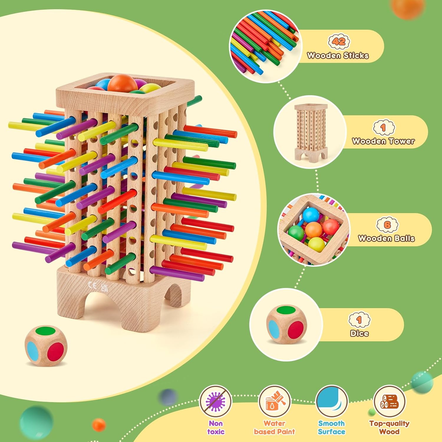 Detalle de Montessori Spiel Brettspiel aus Holz – Würfelspiel mit 42 Stäbchen für die Familie (1 bis 6 Spieler)