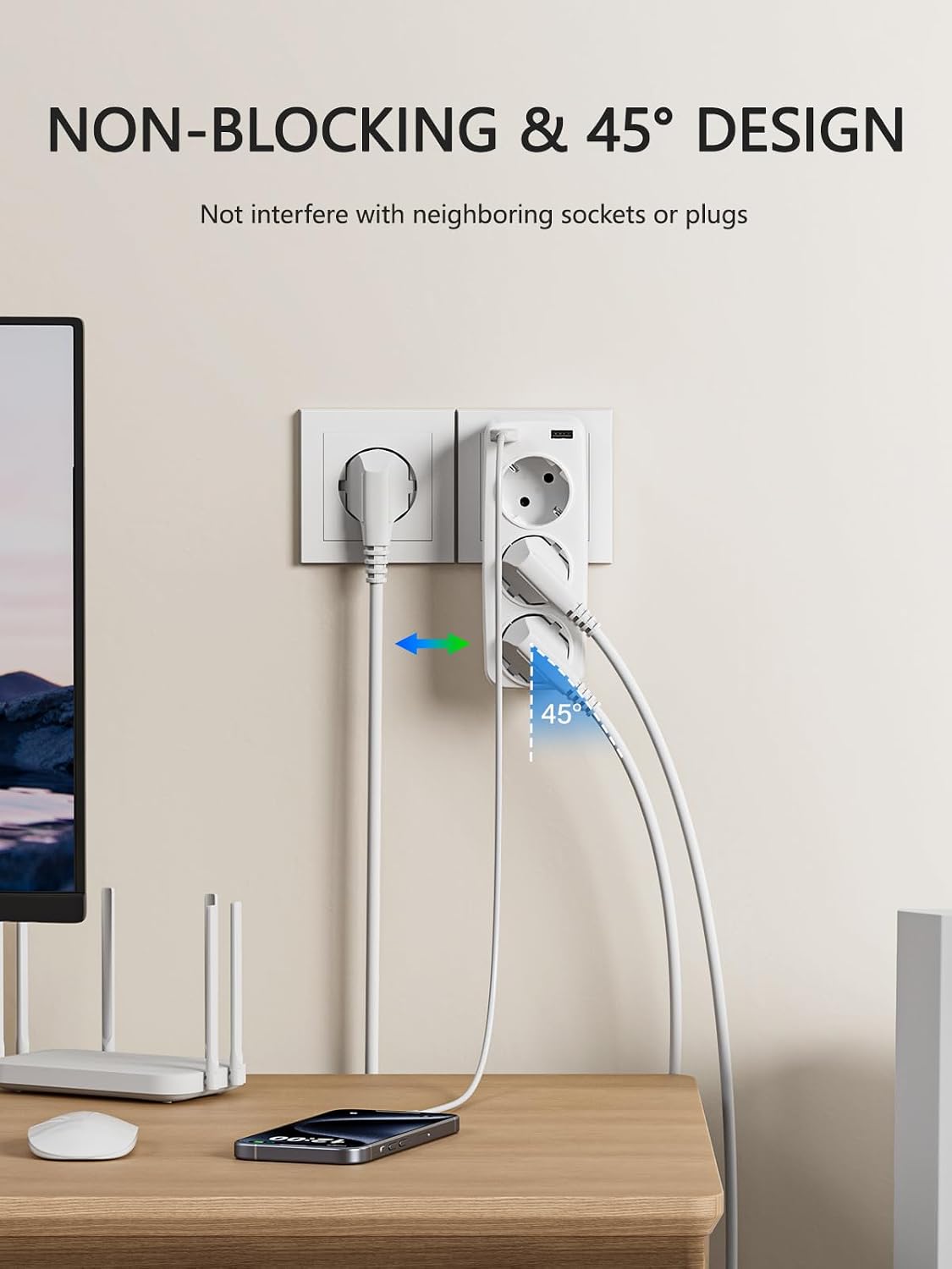Detalle de LENCENT PAWEIYA-USB4000-3S2U stopcontactadapter met 3 geaarde aansluitingen en 2 USB-poorten