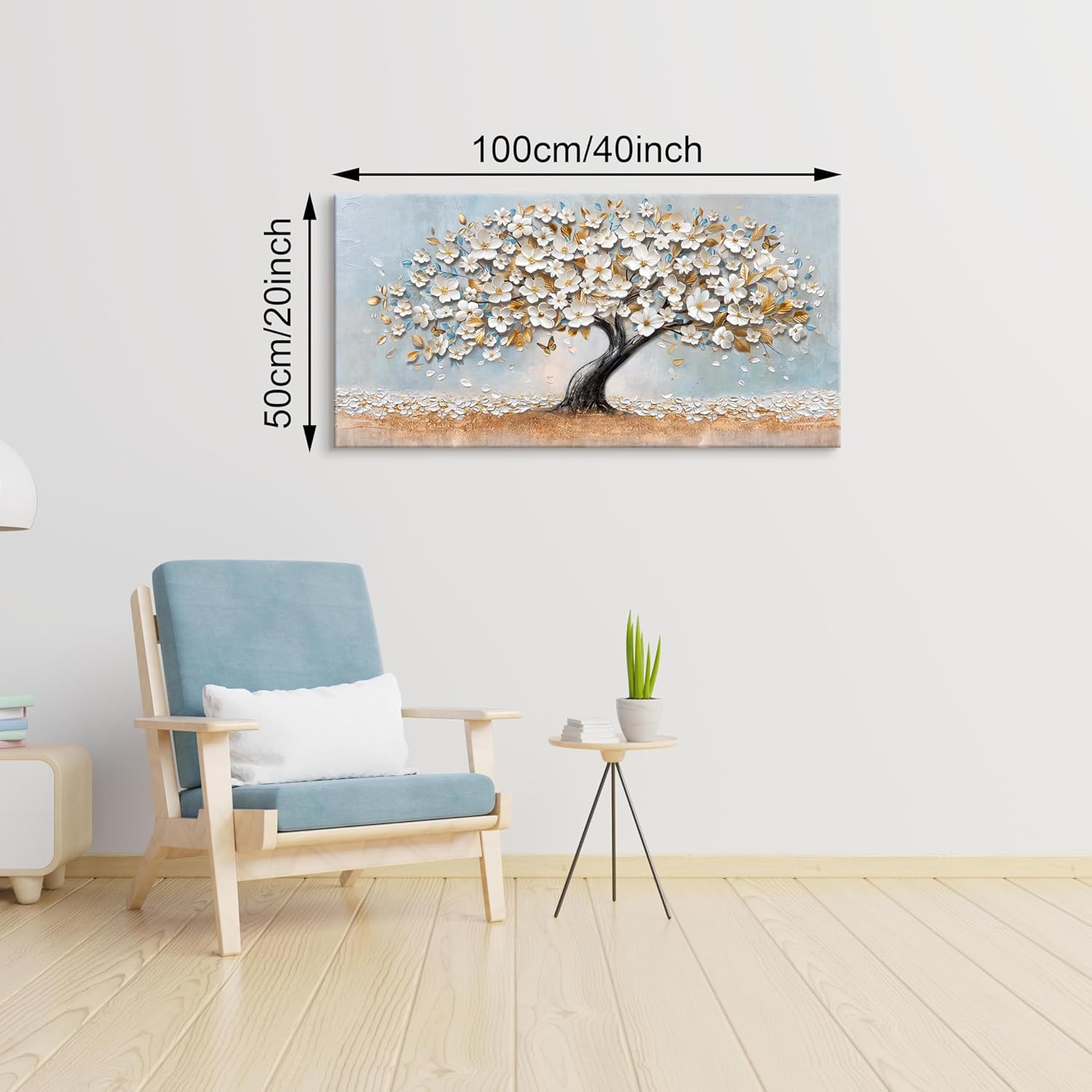 Thumbnail 1 de Großes Leinwandbild mit Rahmen „Weiß Gold Floral Blüte & Kirschbaum“, 100x50 cm – fertig zum Aufhängen