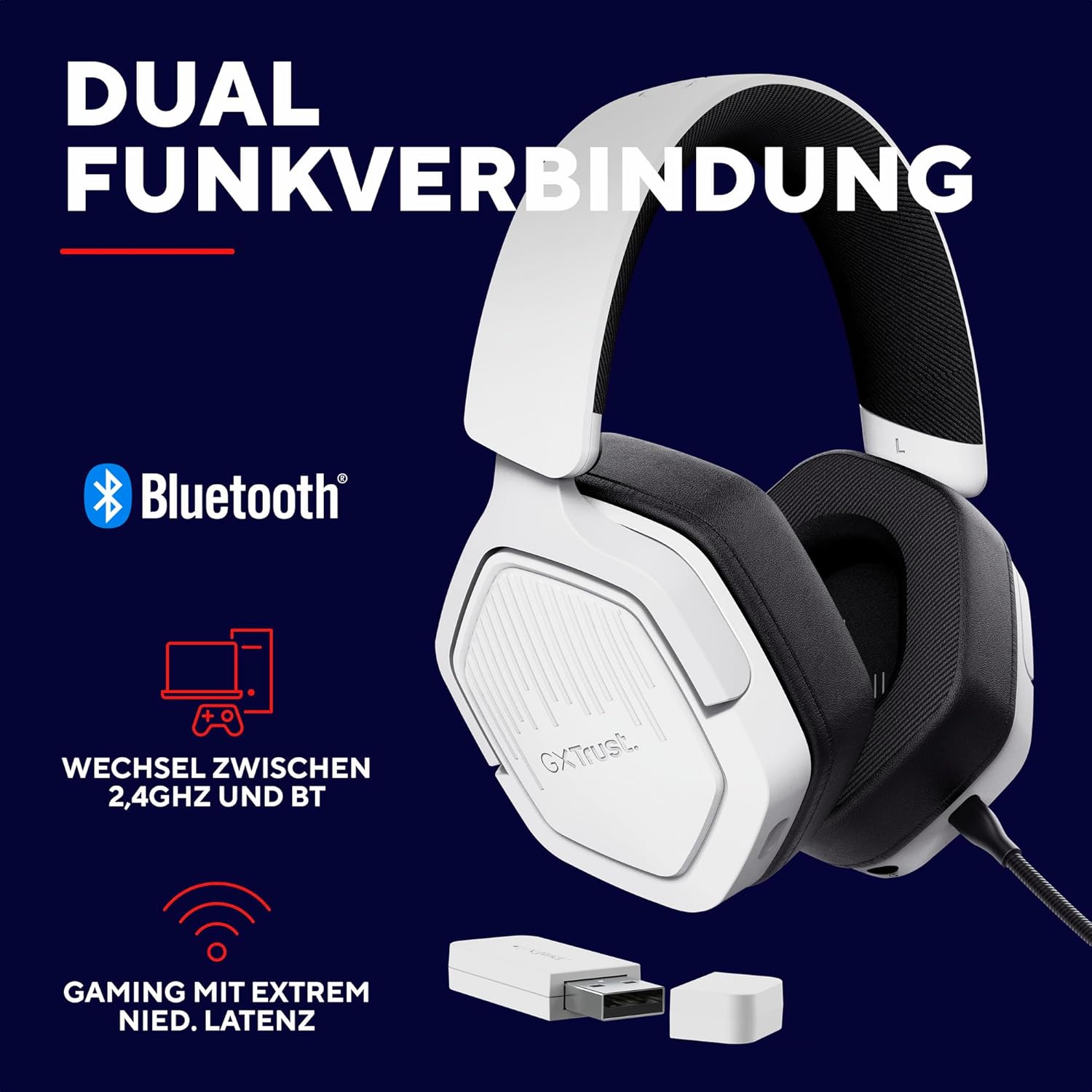 Detalle de Trust Gaming GXT 1493W Ravox Wireless Gaming Headset (Bluetooth + 2,4 GHz) mit Mikrofon, 50-mm-Treibern, bis zu 70 Std. Akkulaufzeit – Weiß