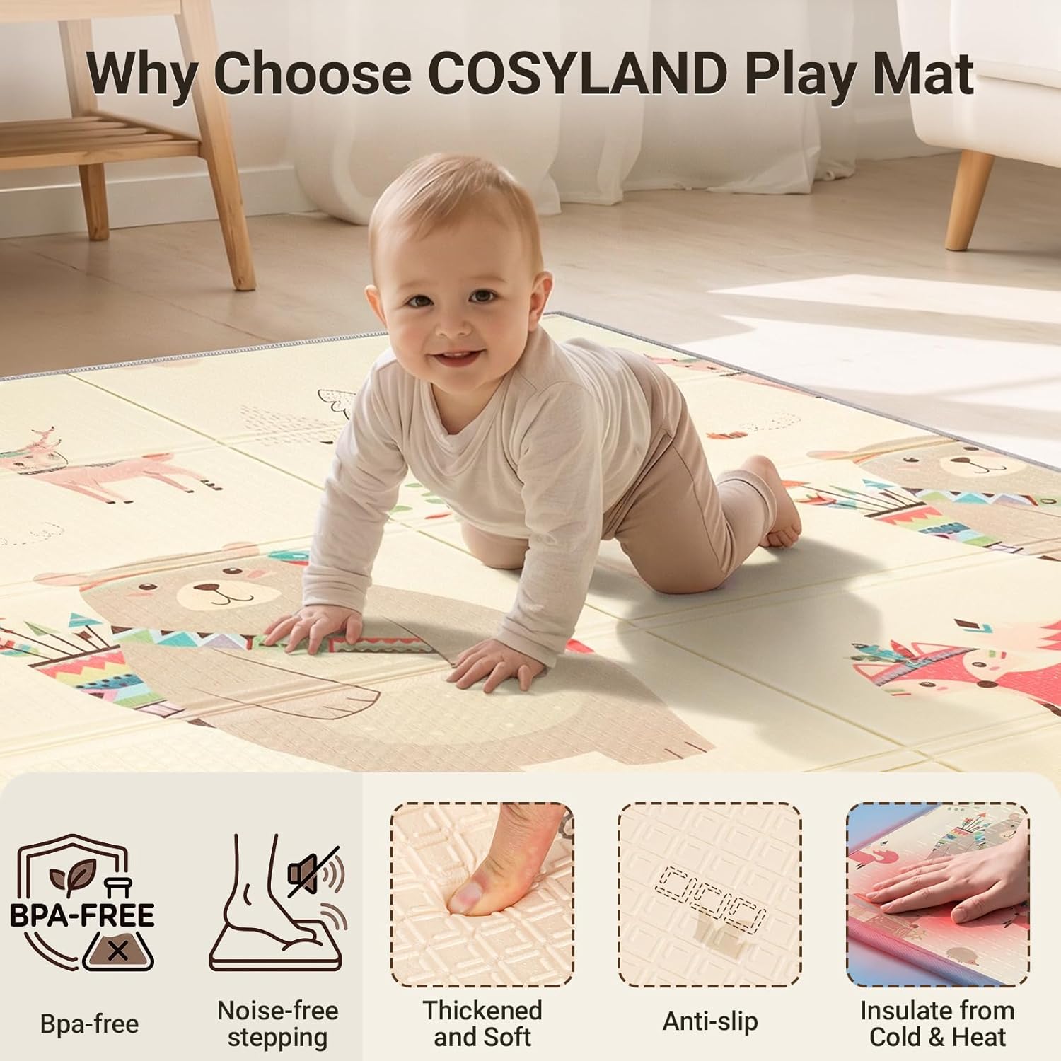Detalle 2 de COSYLAND Baby Play Mat - 71x59 Inches Extra Large Foldable, Reversible Waterproof Foam Mat