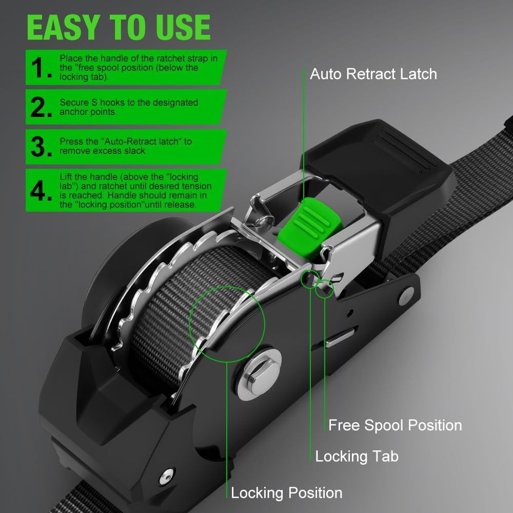 Thumbnail 6 de Retractable Ratchet Straps (4-Pack) by Auto Self Retracting Tie Downs, 1 Inch x 10 Feet, 1,650 lb Break Strength — Black