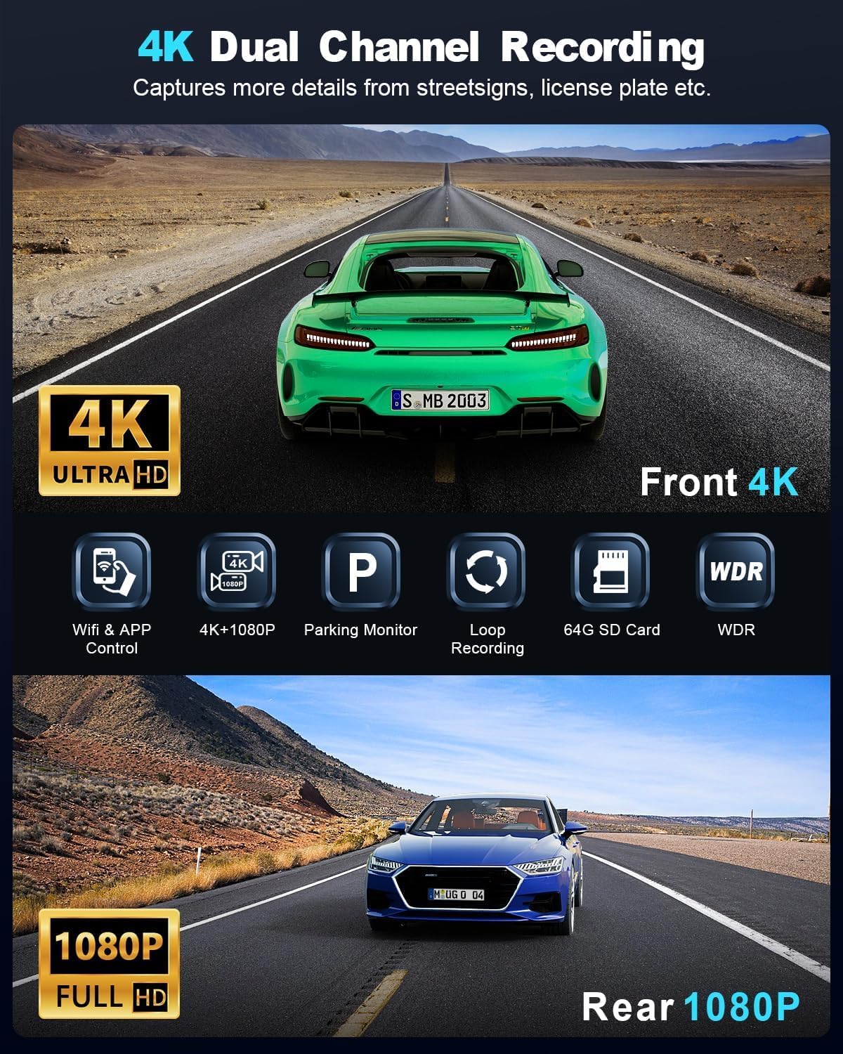 Thumbnail 1 de 4K Dash Cam Front and Rear with 64GB SD Card – Dual Channel, WiFi App Control, Night Vision & Parking Mode
