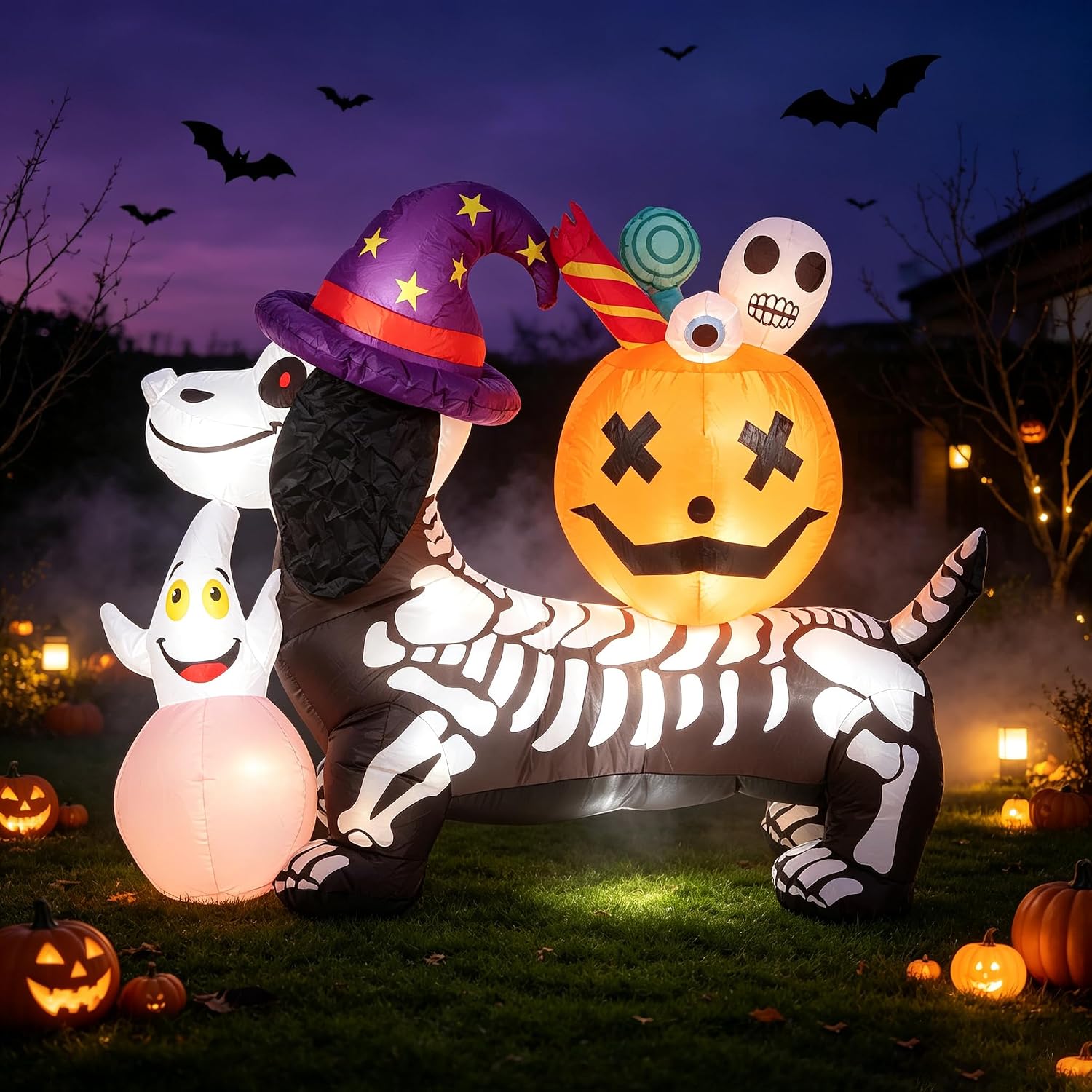 Detalle de Mrerthos 5FT Inflatable Skeleton Dachshund with Pumpkin, Light-Up Halloween Decor