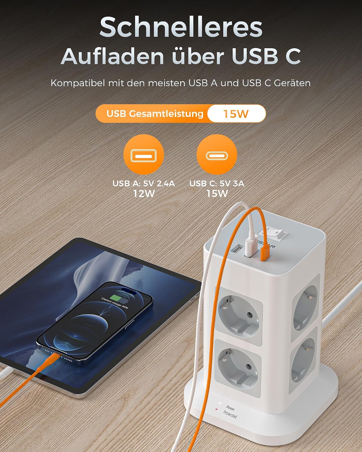 Detalle 2 de TESSAN Mehrfachsteckdose 3600W 🔌
