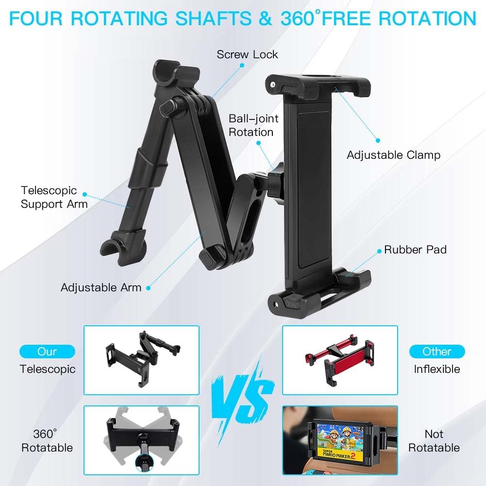 Thumbnail 2 de URAQT Car Headrest Tablet Mount: 360° Rotating Back Seat iPad Holder with Foldable Arm