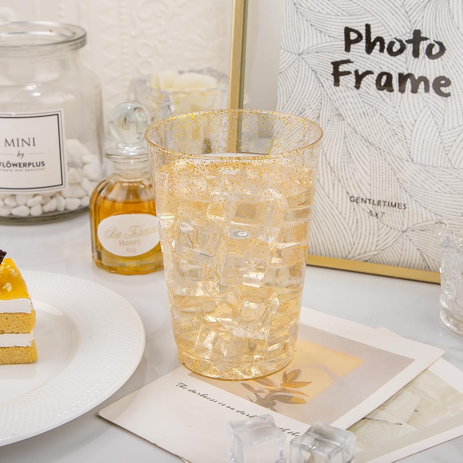 Detalle de I00000 200 Pack 12 oz Gold Glitter Plastic Cups – Premium Disposable Glassware for Parties