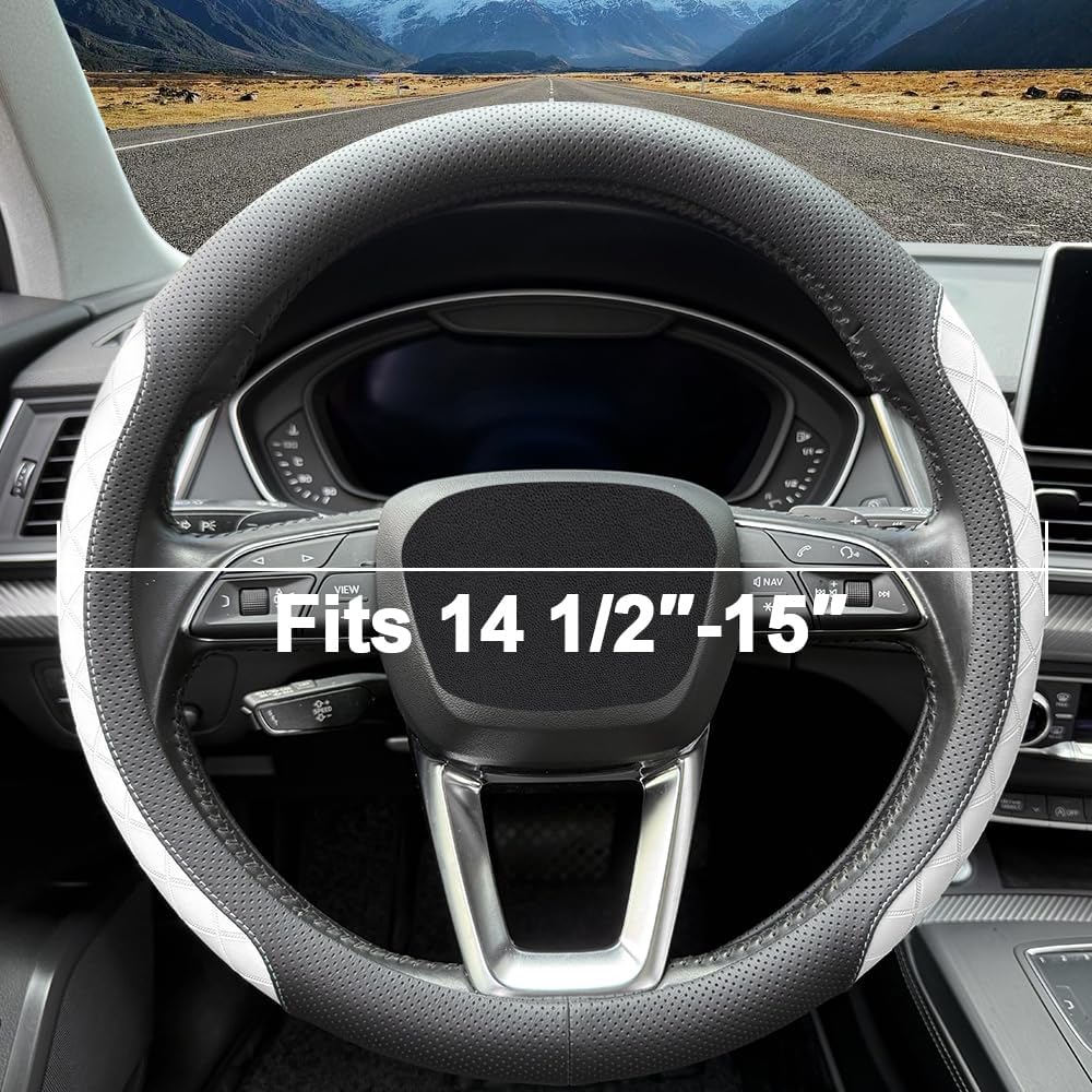 Thumbnail 3 de LKWLIKEI Nappa Leather Steering Wheel Cover – Elegant Diamond Checkered Design for 14.5–15 Inch Wheels