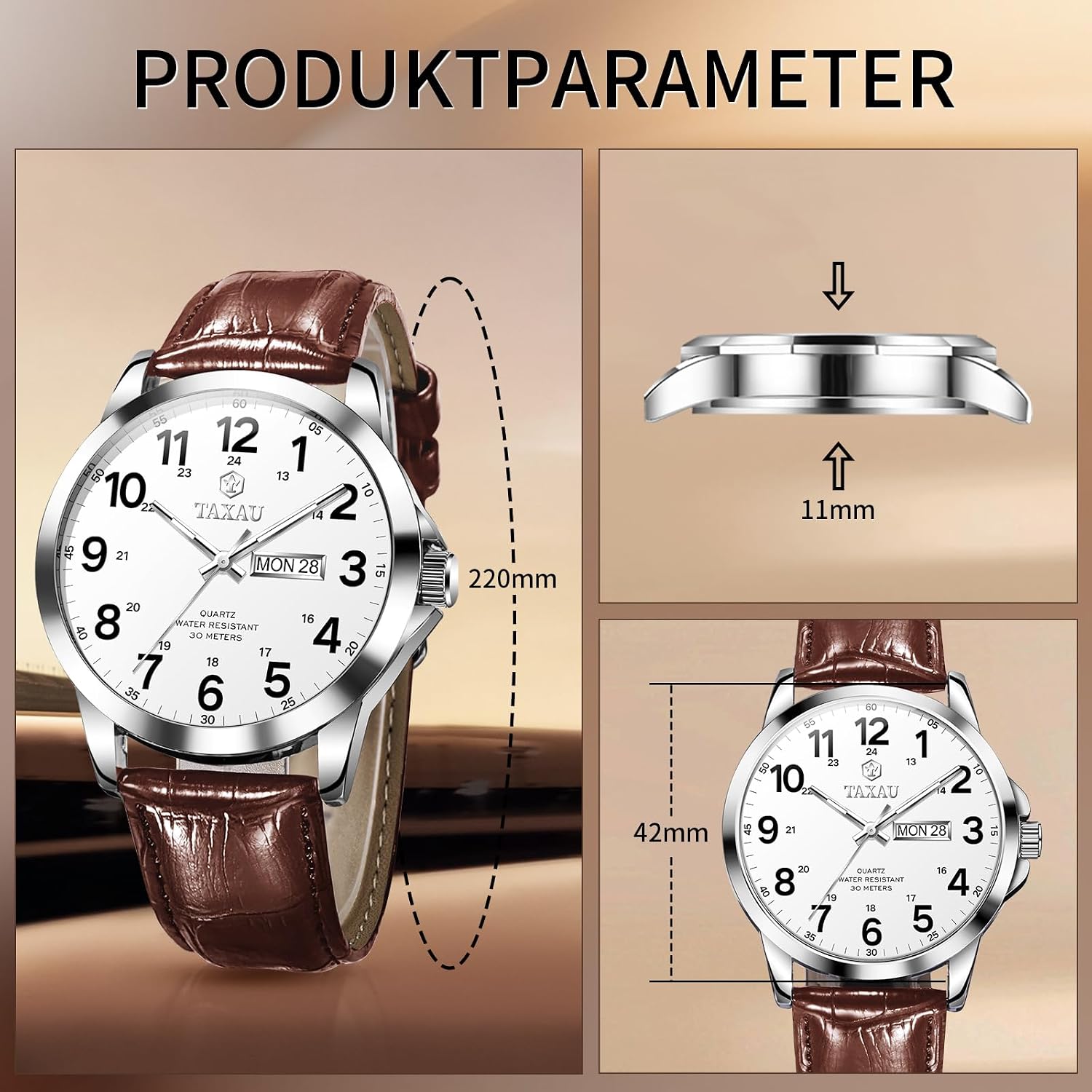 Detalle de Taxau Herren: Wasserdichte Uhr mit Lederband, lumineszierendem Zifferblatt und Datum