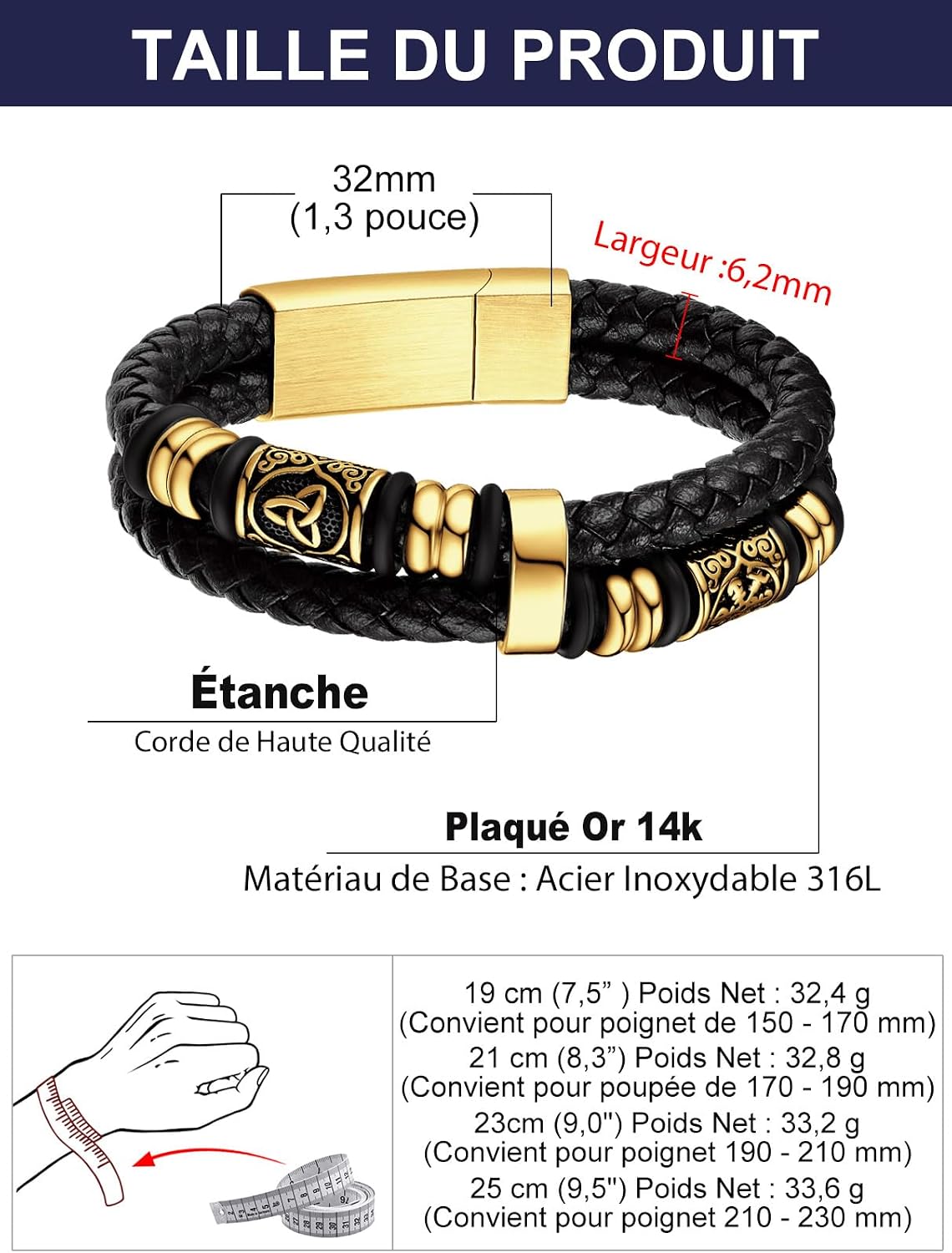 Detalle 2 de Bandmax Bracelet en cuir tressé avec fermoir magnétique – Longueurs 19/21/23/25 cm