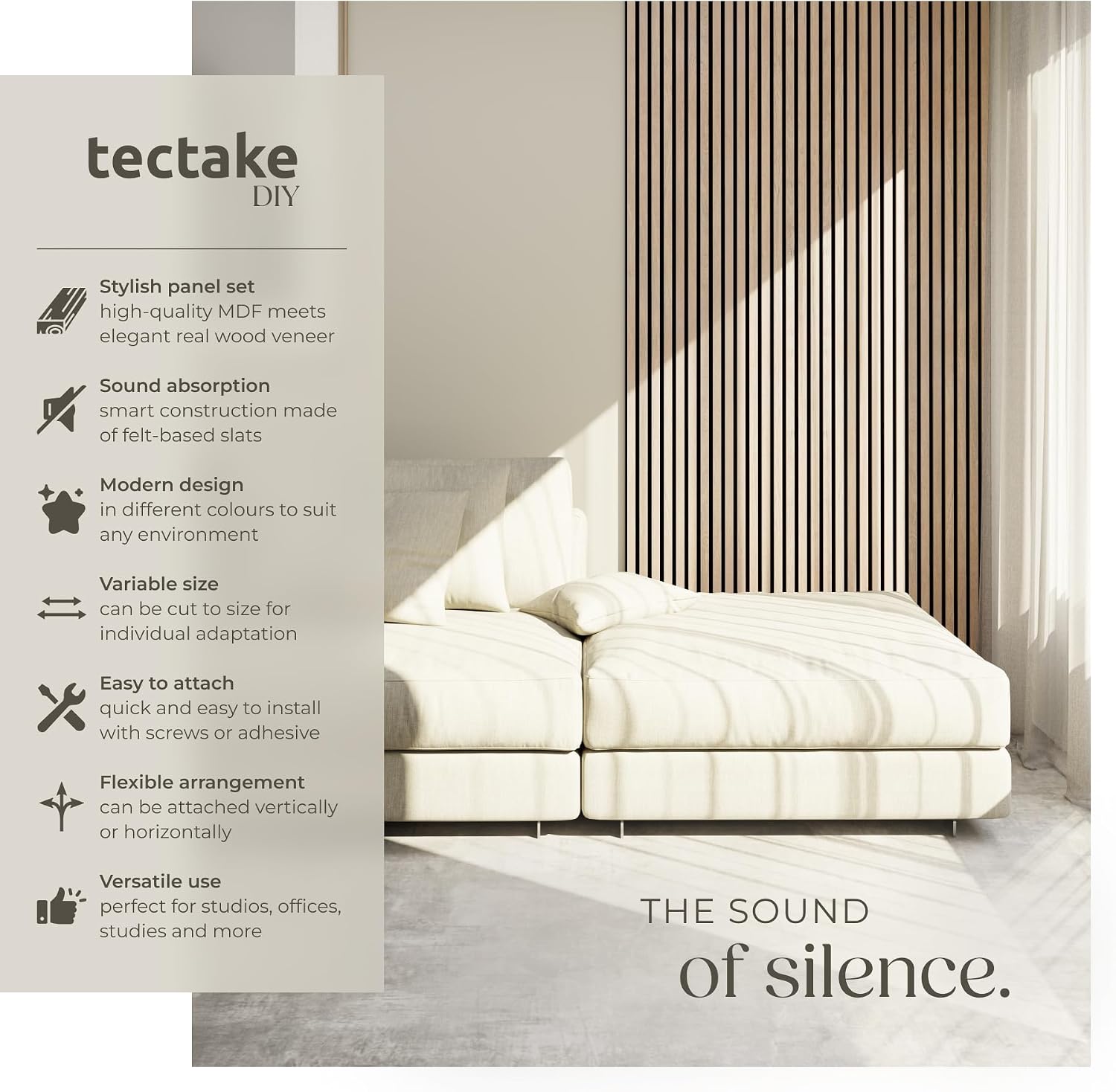 Detalle de tectake® Sonic Wall IV akustikpaneler, 8-pack i ljus ek, skärbara 110 x 50 cm