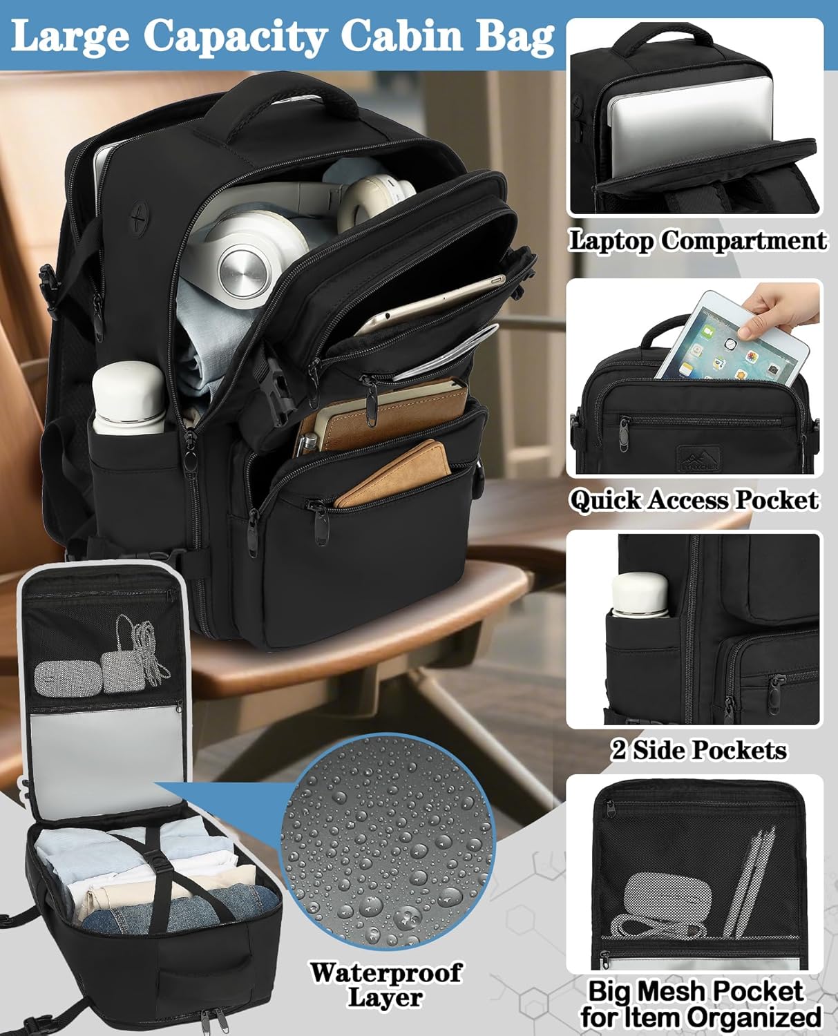 Detalle de LYNXCHER Easyjet Cabin Bag 45x36x20cm 30L with 15.6" Laptop Pocket