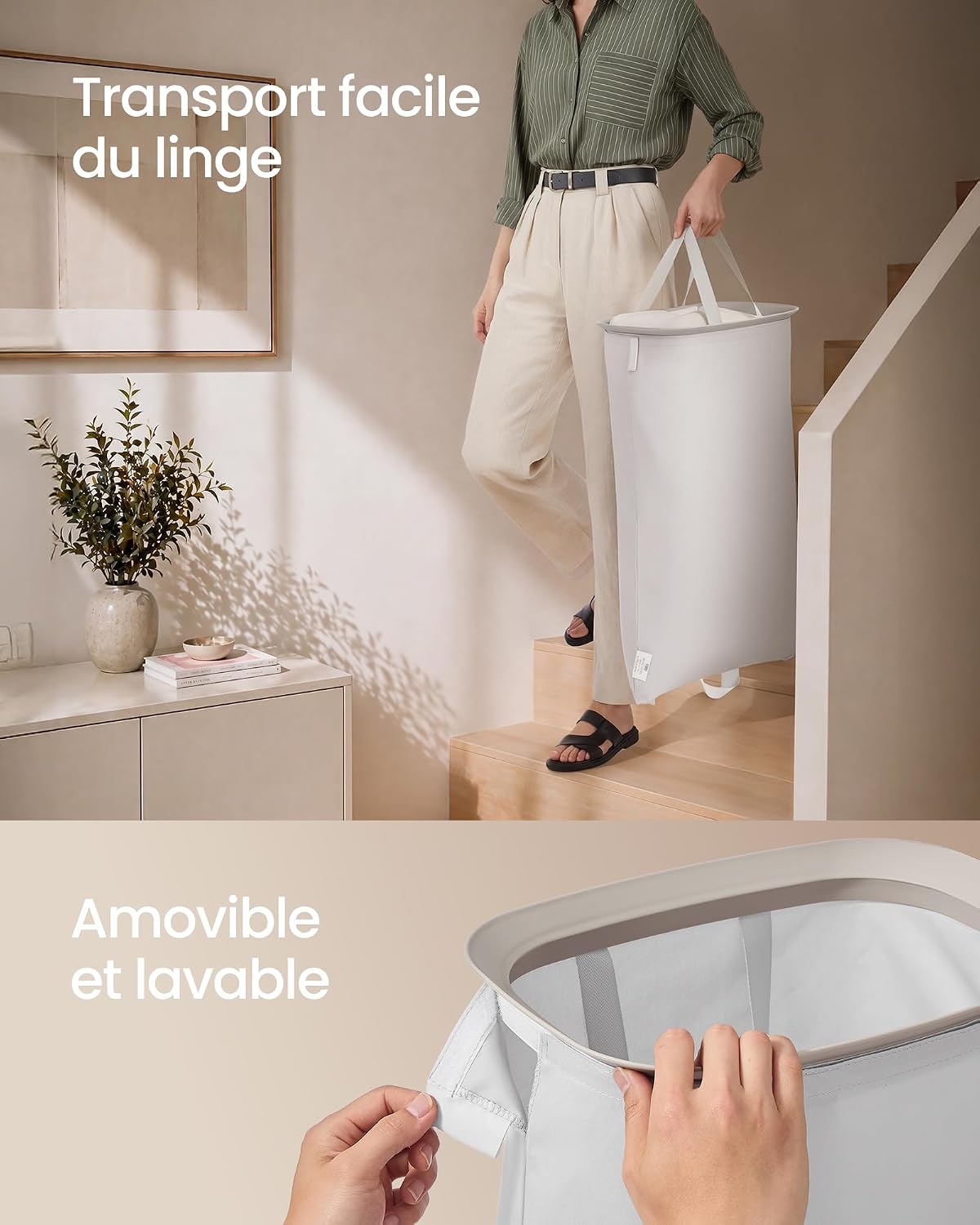 Detalle de SONGMICS LCB832L101 wasmand met pedaal, 2 vakken, 160 l, cappuccinabeige