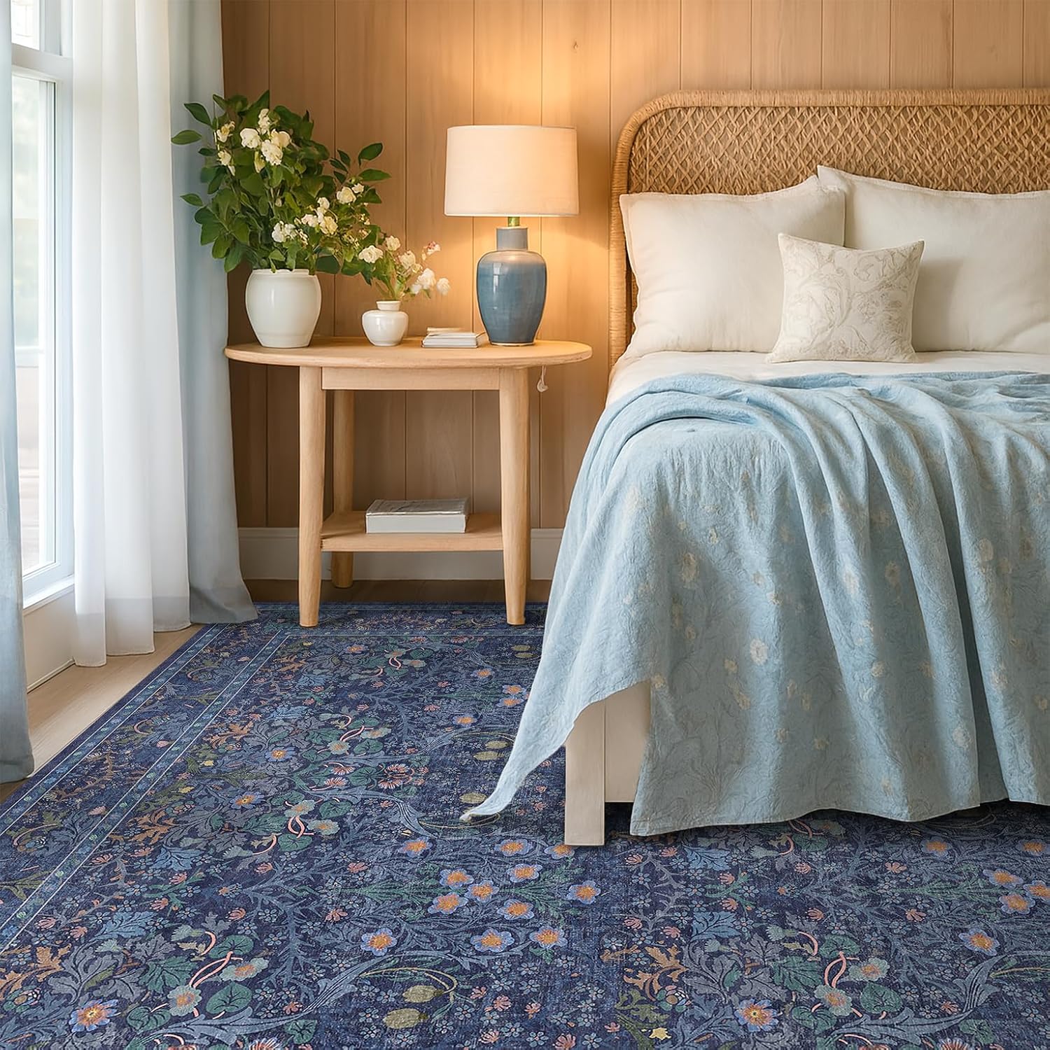 Thumbnail 1 de Hazo Haus Washable Dark Blue Rug (10x14) – Vintage Floral, Non-Slip, Machine-Washable