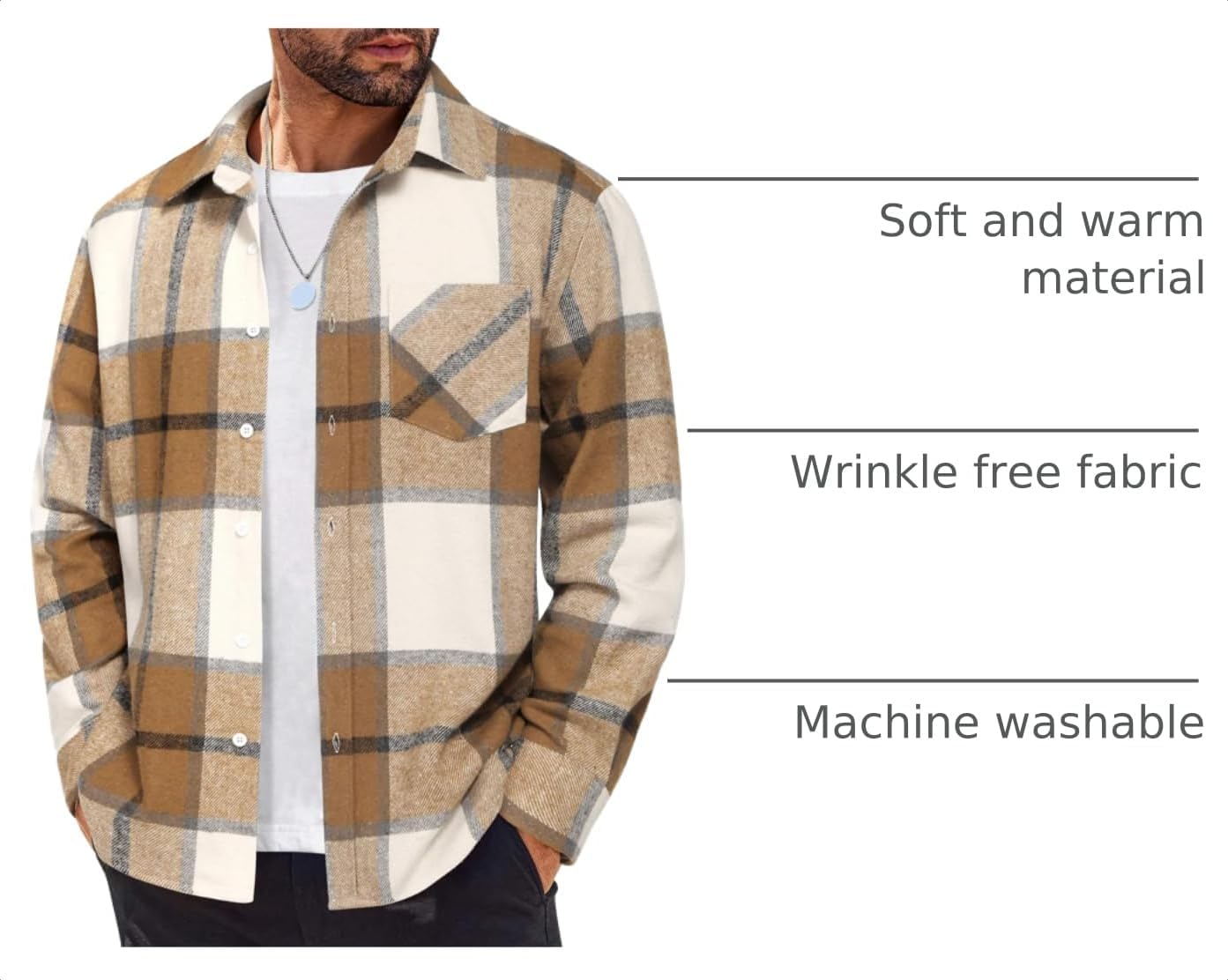 Detalle 2 de COOFANDY Men's Lightweight Plaid Flannel Shirt Jacket, Long-Sleeve Button-Down