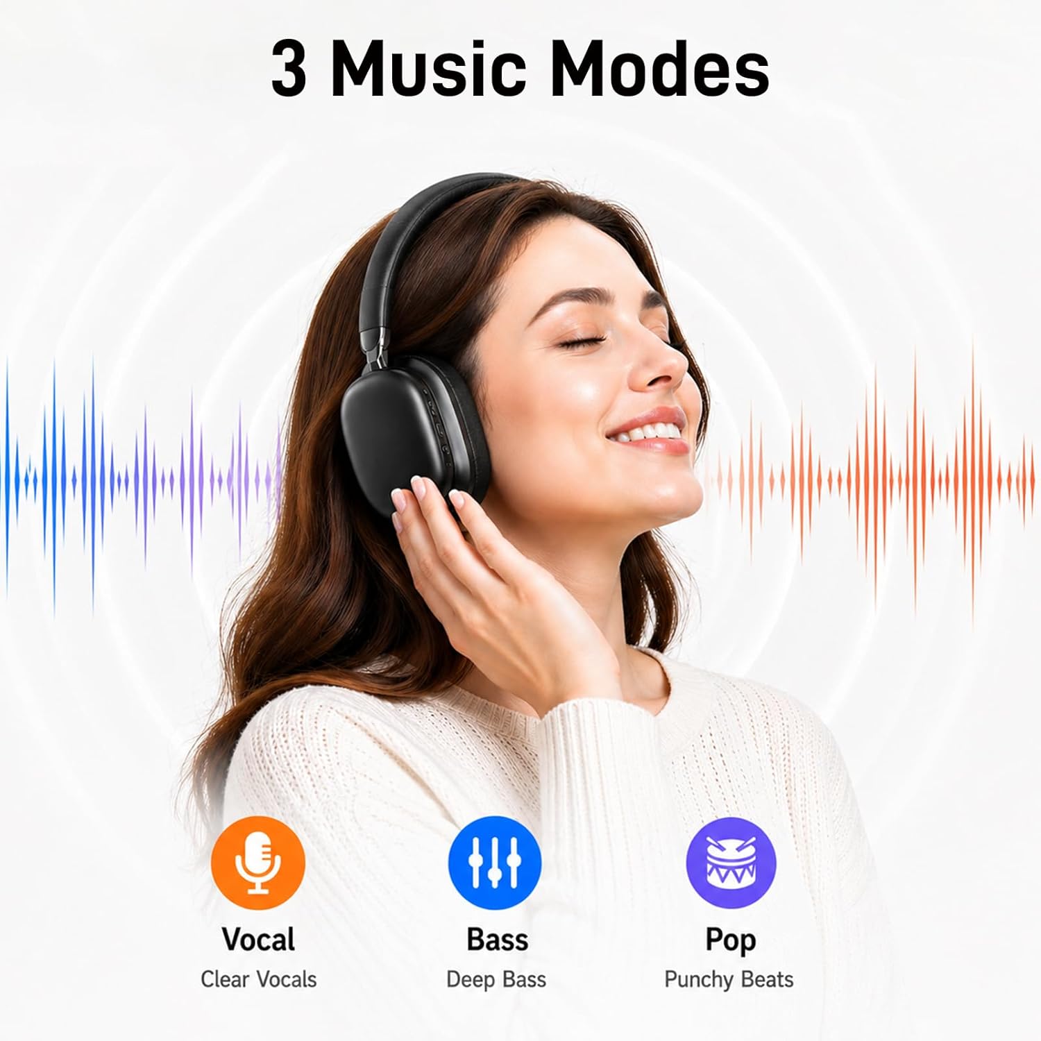 Detalle de TIMU Bluetooth Headphones Over Ear: 75H Playtime, Foldable Comfort and Custom EQ for Travel and Work