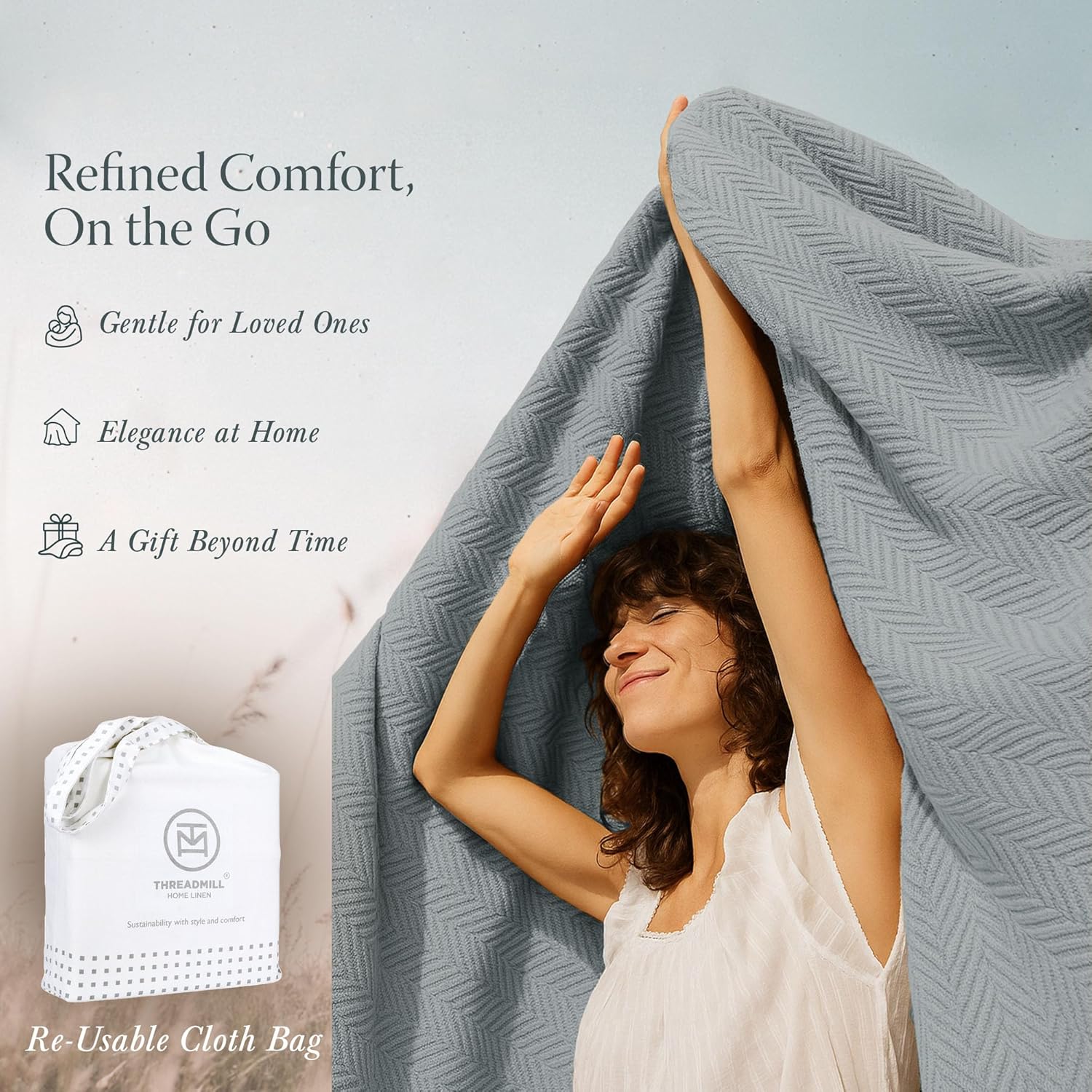 Thumbnail 6 de Threadmill Luxury Cotton Blanket for King Size Bed — All-Season Herringbone 100% Cotton (106 x 92 inches)