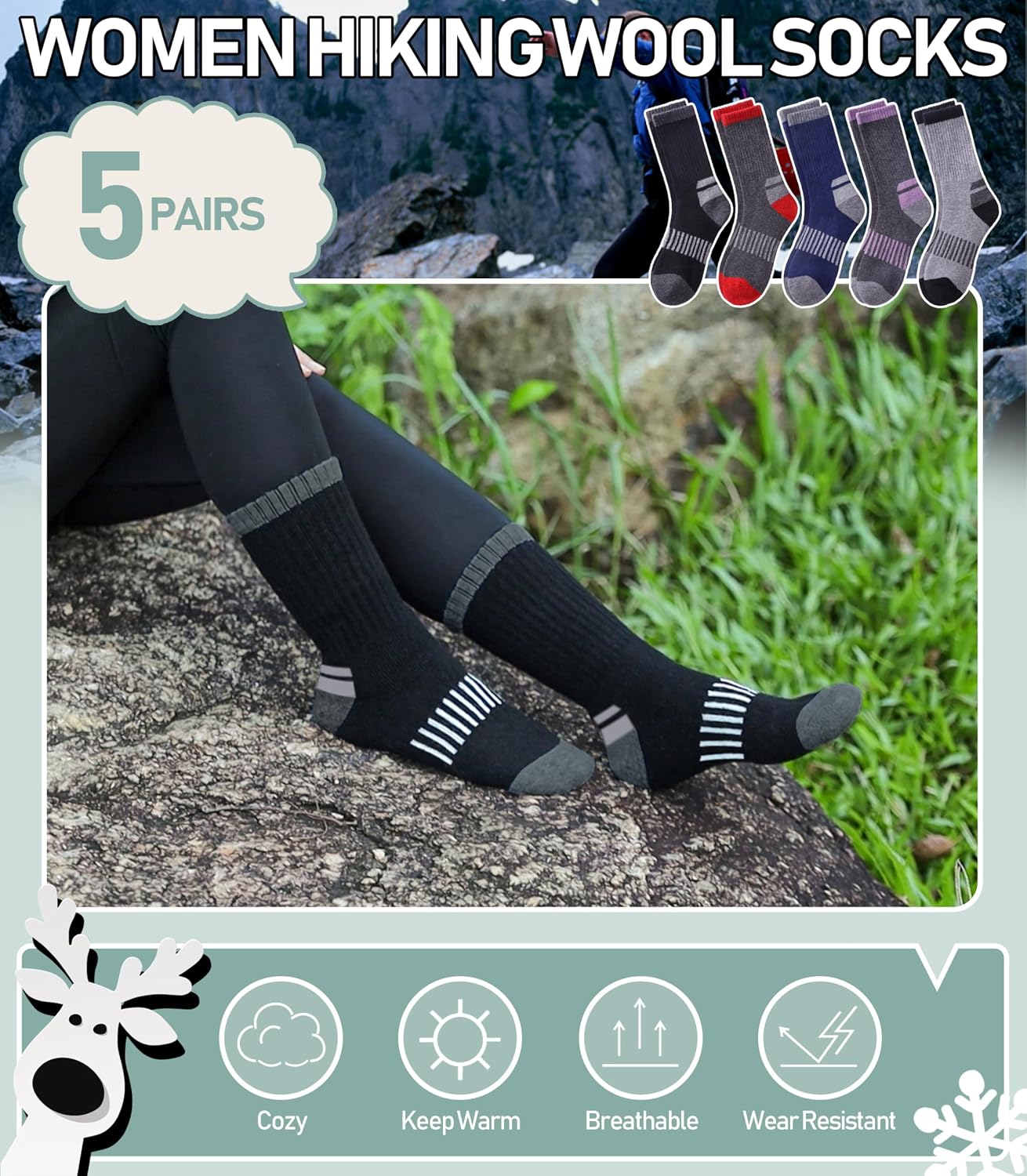 Detalle de Yebing Merino Wool Hiking Socks for Women, 5-Pair Cushioned Crew Set