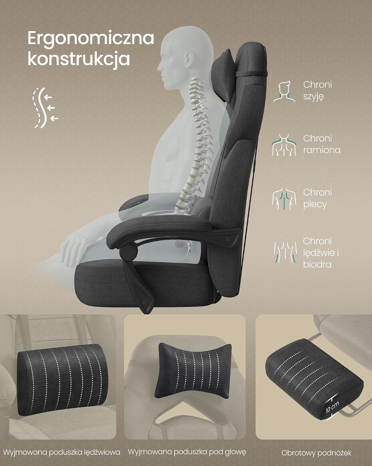 Detalle 2 de SONGMICS 777OBG077BH21 – fotel gamingowy z podnóżkiem, regulowanym zagłówkiem i podparciem lędźwiowym