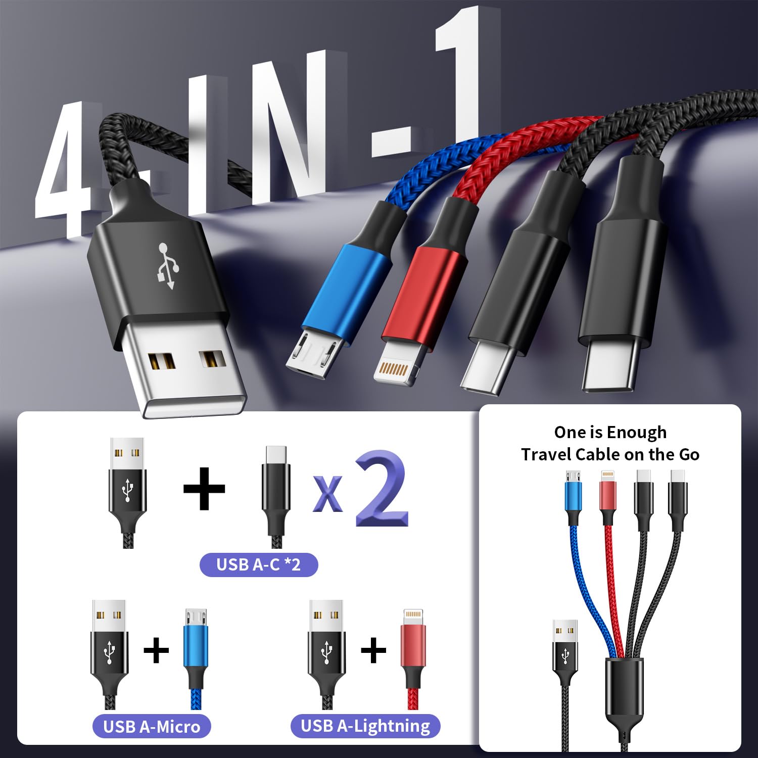 Thumbnail 3 de MPATIBY NM4IN12C4PC5FT-1 4-in-1 Charging Cable, 5 ft, 4-Pack