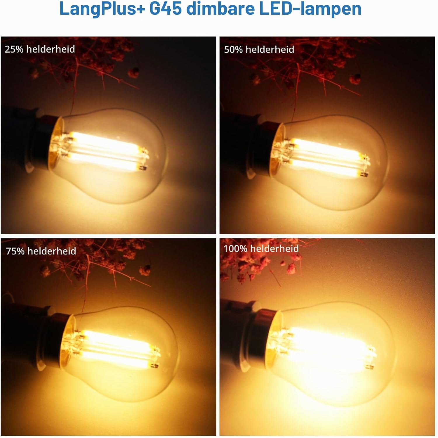 Detalle de LangPlus+ LM-FM-G45 E14 LED-filamentlampen, dimbaar, G45, 4 W, 4-pack