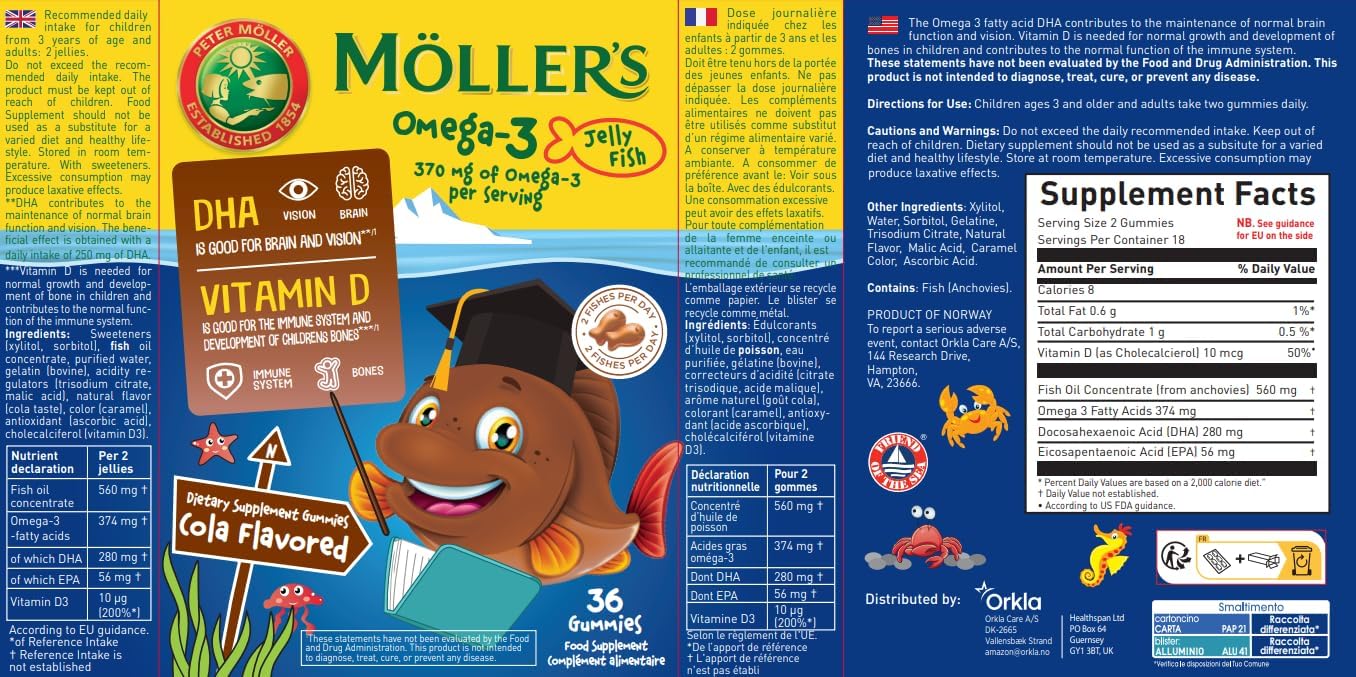 Thumbnail 2 de Moller’s Omega 3 pour Enfants – Gelées à l’huile de poisson avec DHA et EPA, goût Cola, sans sucre ajouté, 36 unités