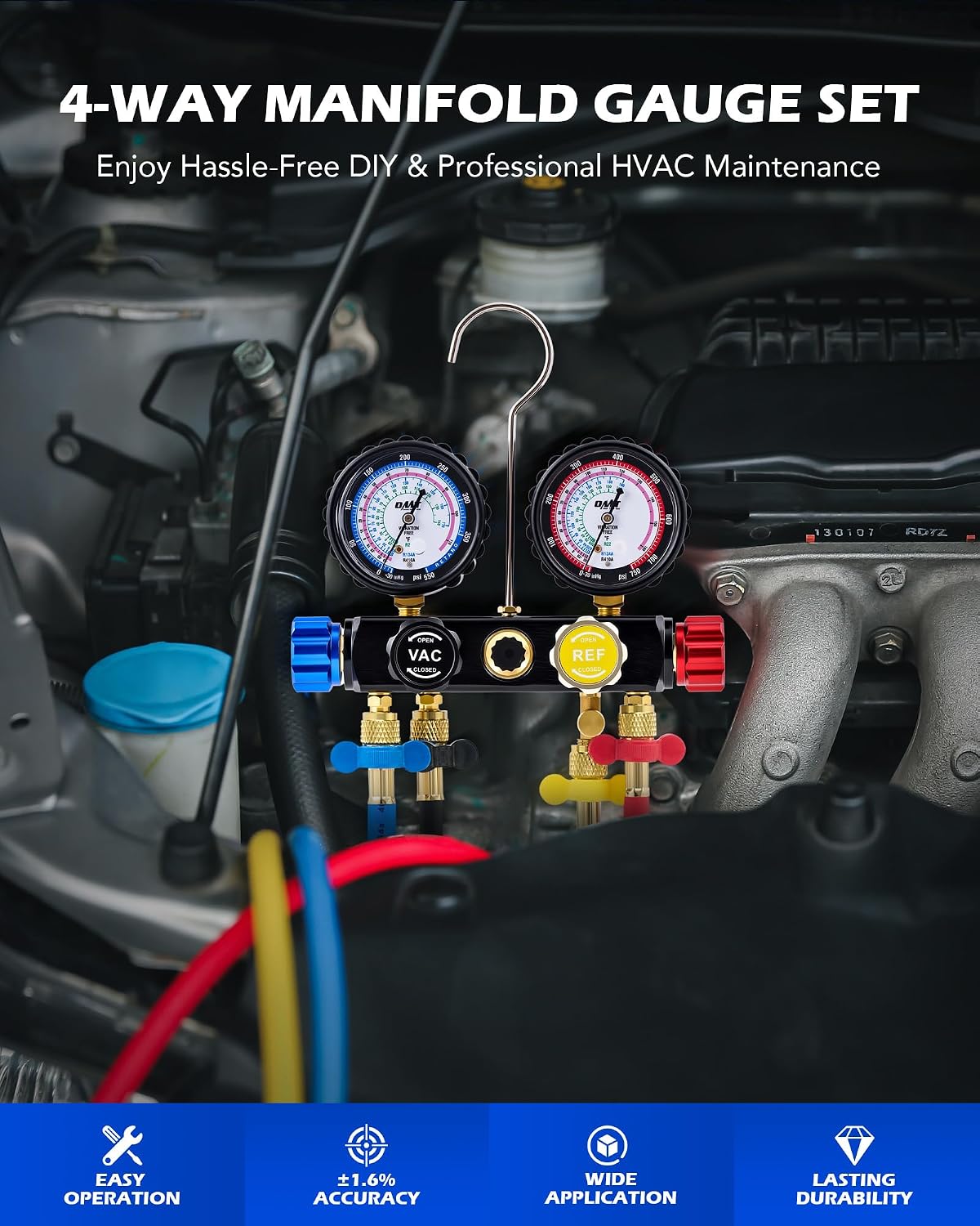 Thumbnail 1 de Orion Motor Tech 4-Way AC Gauge Set for R410a, R22 & R134a with 5 ft Hoses, Adapters & Can Tap