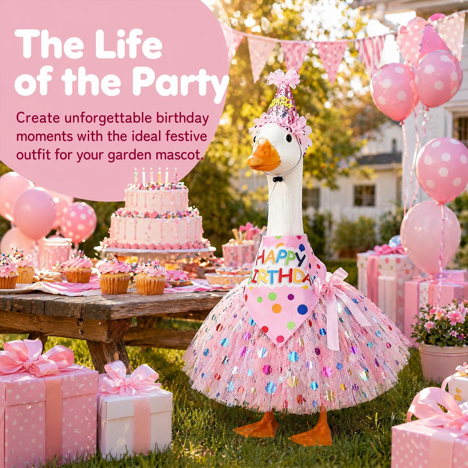 Detalle de MEQUER Porch Goose Birthday Outfit Set with Pink Tutu, Hat and Bandana