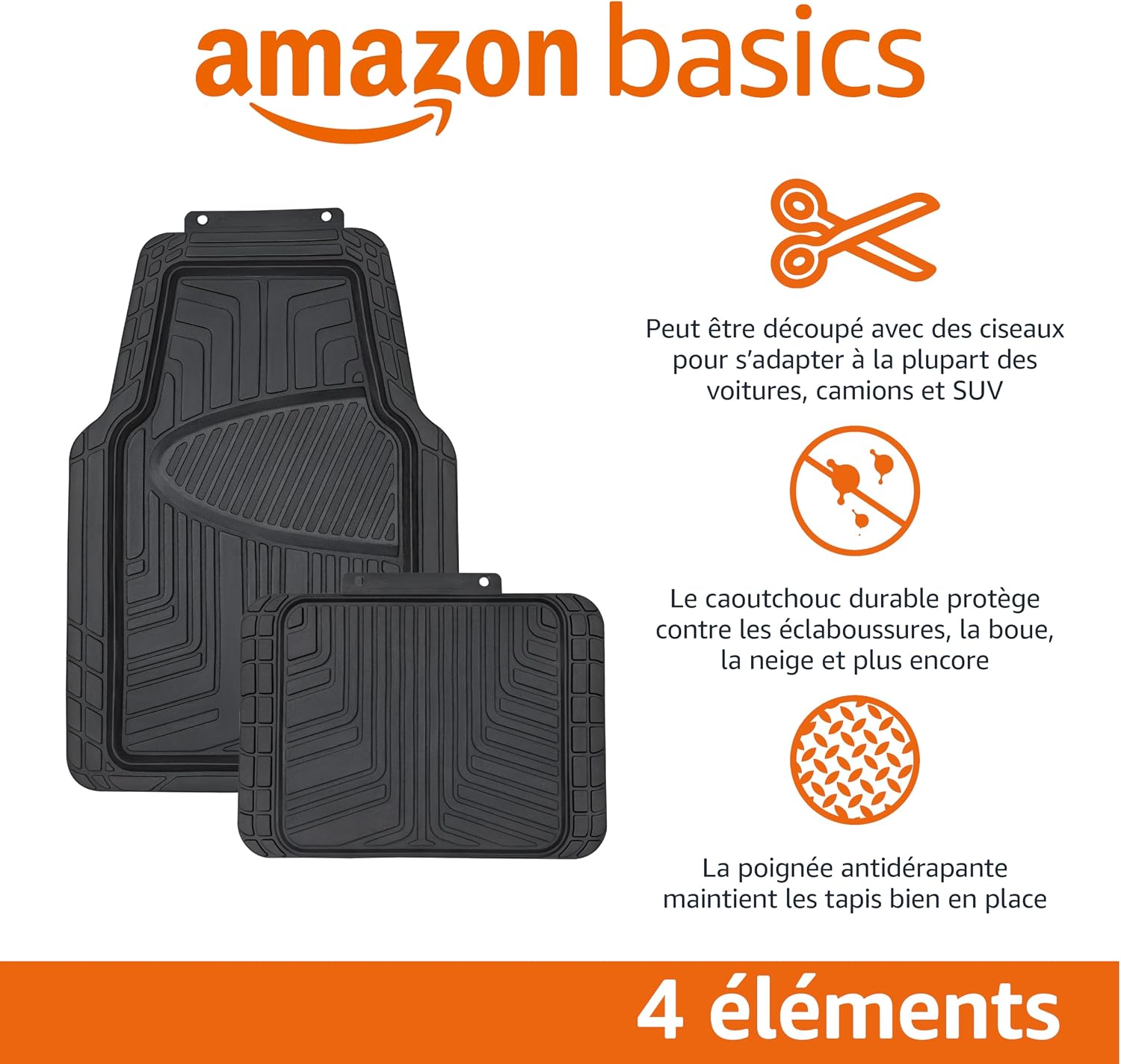 Detalle de Amazon Basics Lot de 4 tapis de sol en caoutchouc toutes saisons pour voitures, SUV et camionnettes – Noir