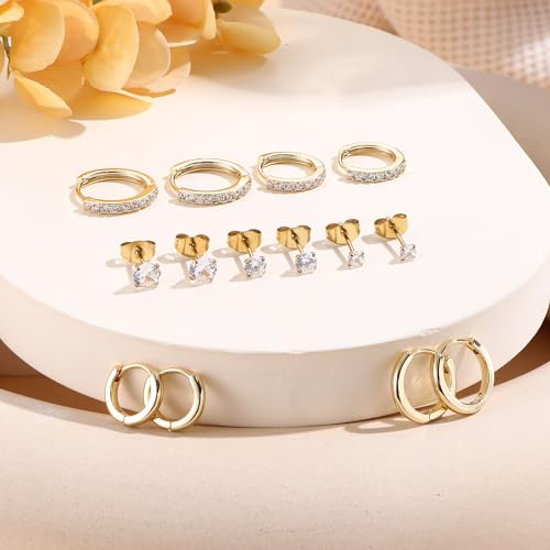 Detalle de Dochais Ohrringe Gold – 316L Chirurgenstahl Steckerstift, 18K Gold vergoldet, 7 Paar Huggie Creolen und Stecker