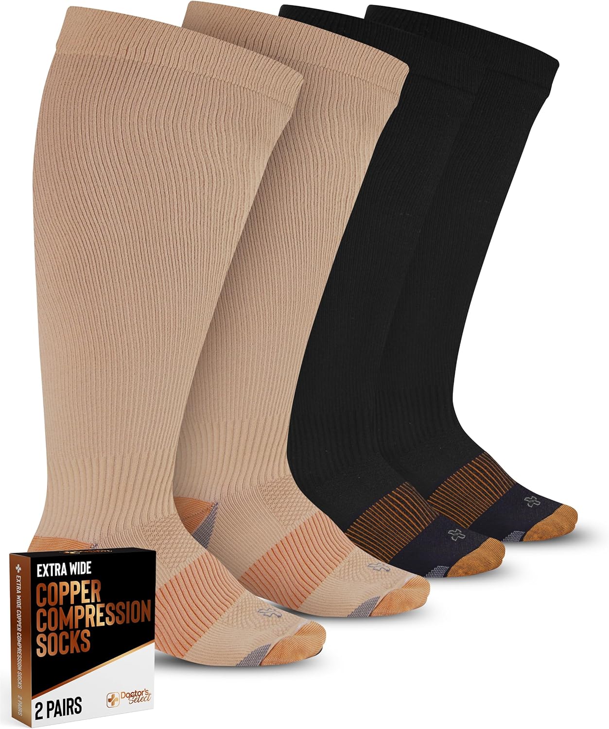 Detalle de Doctor's Select Copper Plus Size Compression Socks Wide Calf (2 Pairs) – 20-30 mmHg, Tan, Extra Wide Calf