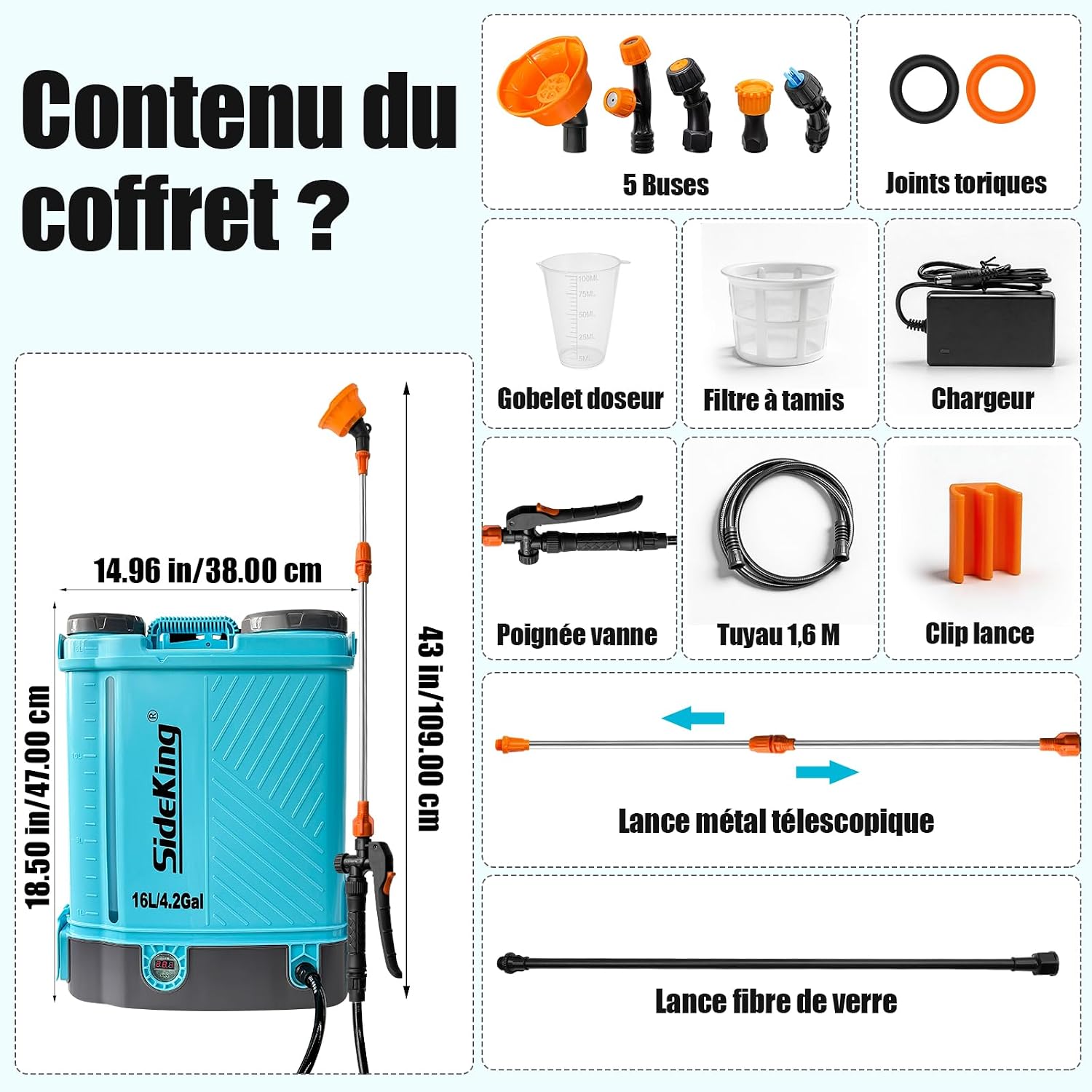 Thumbnail 6 de SideKing Pulvérisateur à Dos 16L — Électrique, compatible Makita 18V, 7 Bar, Lance Télescopique